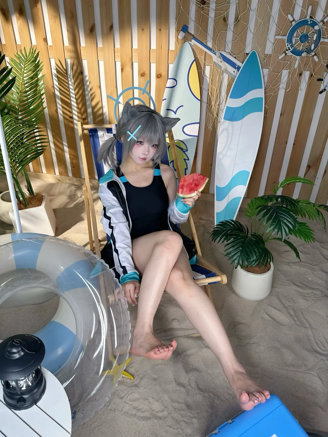 蔚蓝档案, Cosplay摄影, 砂狼白子cos, 夏日泳装, 沙滩外景棚拍