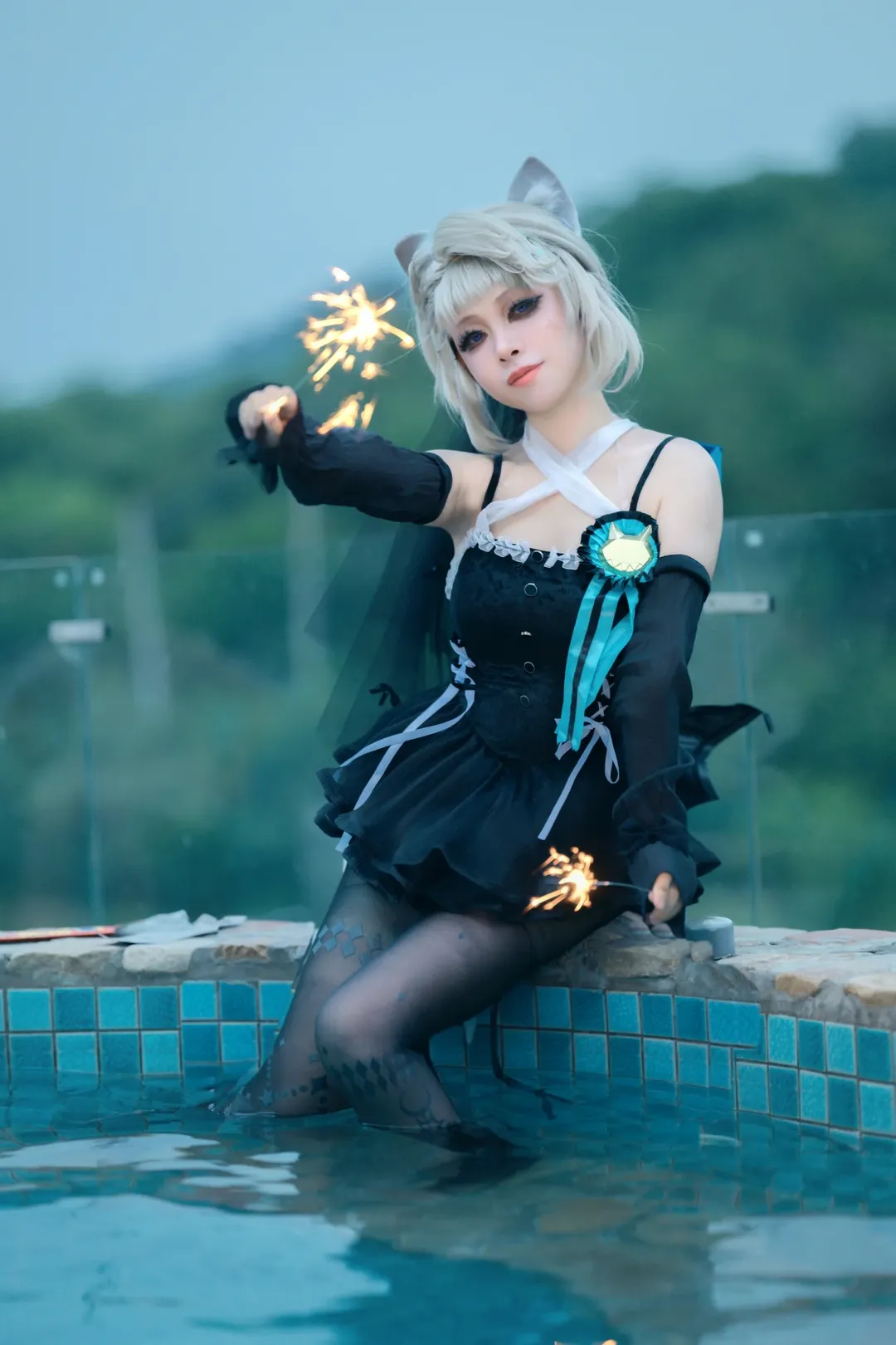 原神, 琳妮特cos, 泳装cosplay, 黑丝cos, 原神私设cos