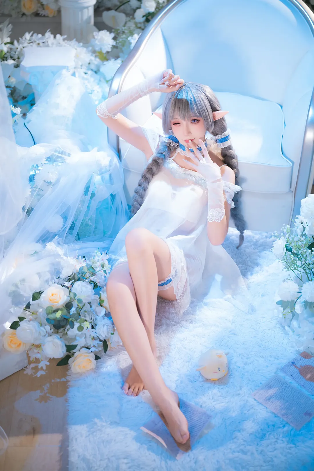 碧蓝航线, 二次元cosplay, 埃佛森cos, 白蓝色系写真, 精灵耳睡衣