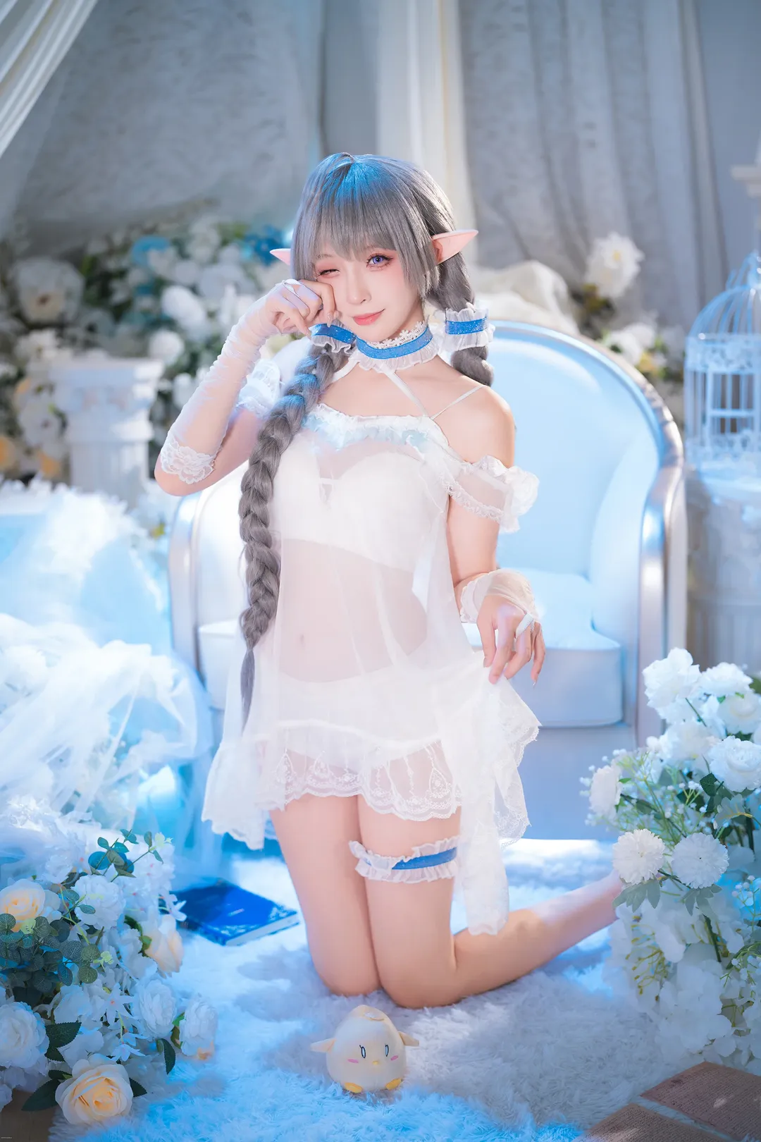 碧蓝航线, 二次元cosplay, 埃佛森cos, 白蓝色系写真, 精灵耳睡衣 - 第2张