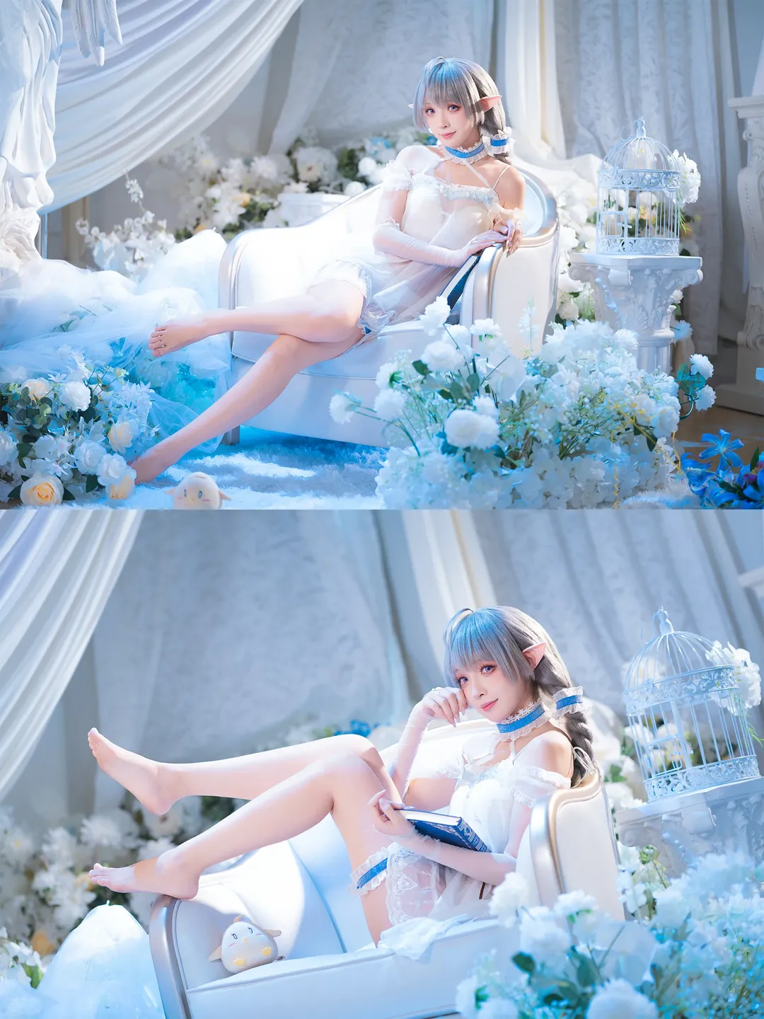 碧蓝航线, 二次元cosplay, 埃佛森cos, 白蓝色系写真, 精灵耳睡衣 - 第3张