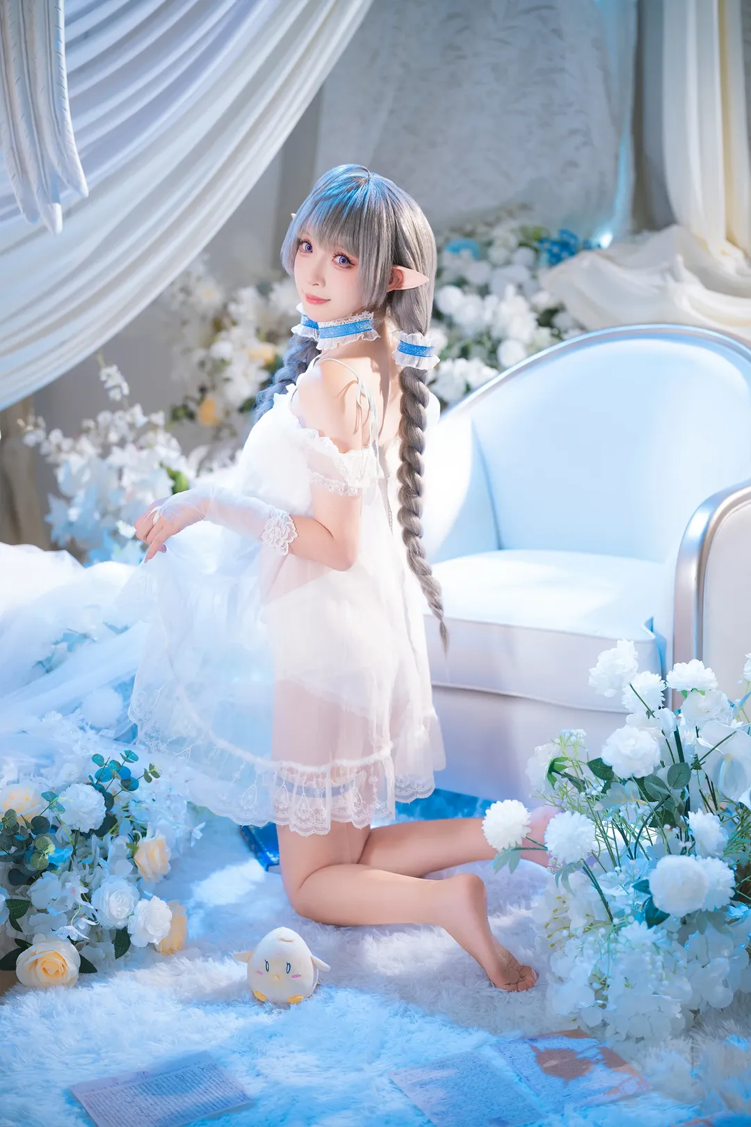 碧蓝航线, 二次元cosplay, 埃佛森cos, 白蓝色系写真, 精灵耳睡衣 - 第4张