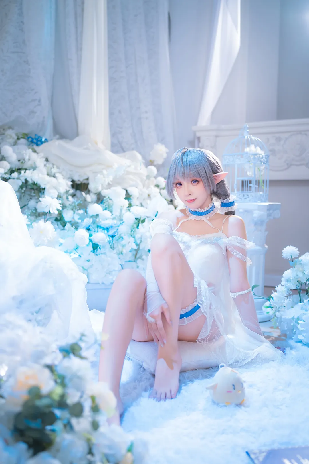 碧蓝航线, 二次元cosplay, 埃佛森cos, 白蓝色系写真, 精灵耳睡衣 - 第5张