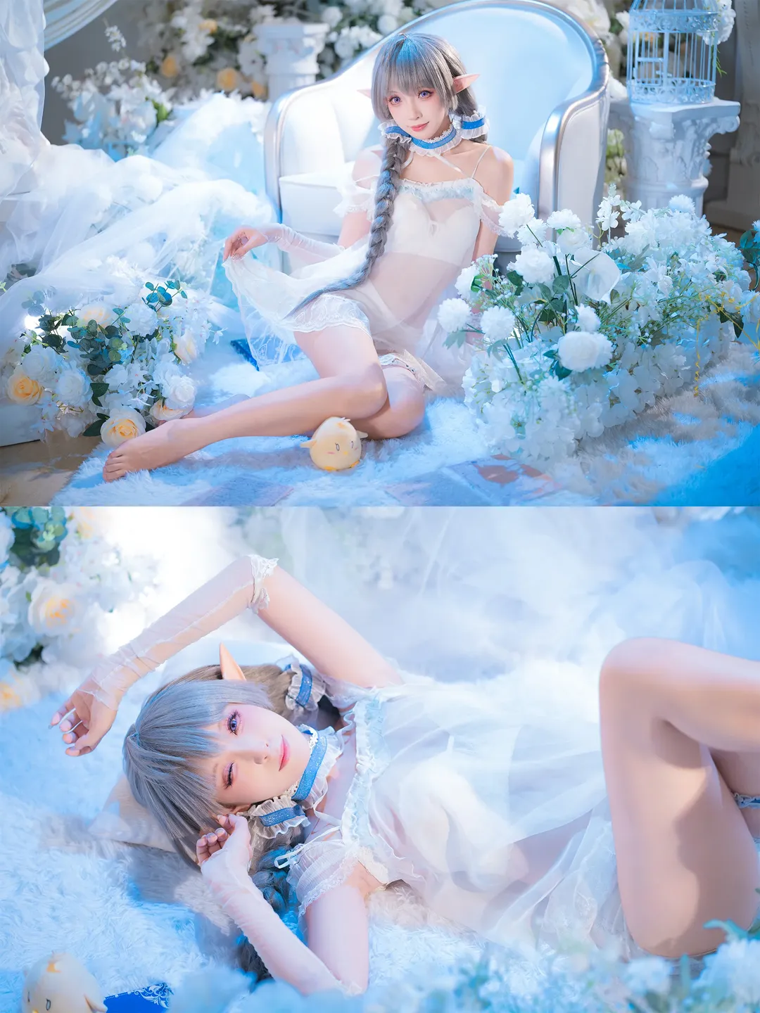 碧蓝航线, 二次元cosplay, 埃佛森cos, 白蓝色系写真, 精灵耳睡衣 - 第6张