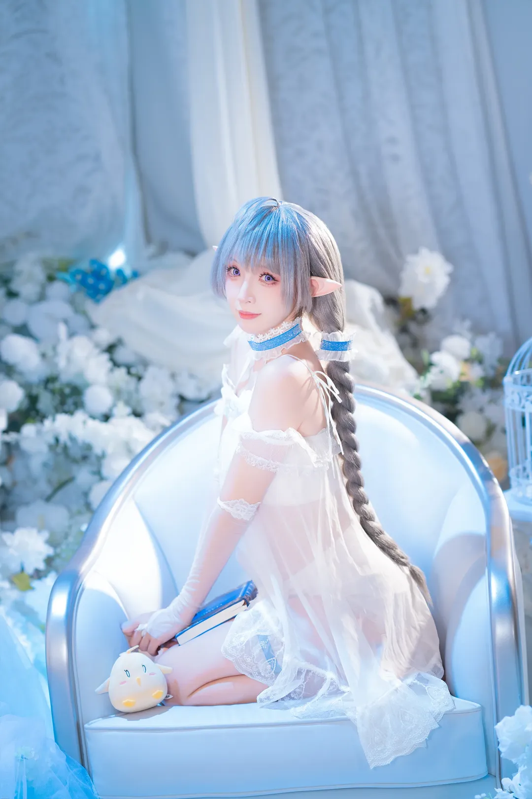 碧蓝航线, 二次元cosplay, 埃佛森cos, 白蓝色系写真, 精灵耳睡衣 - 第7张