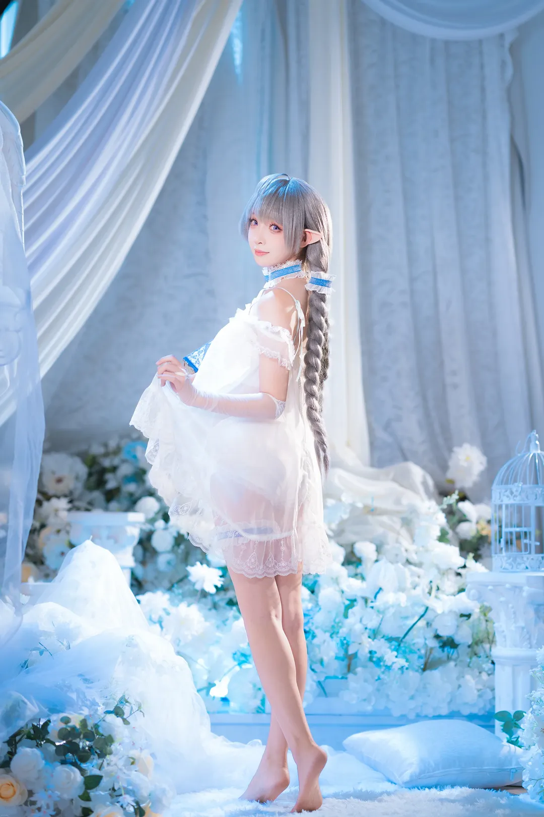 碧蓝航线, 二次元cosplay, 埃佛森cos, 白蓝色系写真, 精灵耳睡衣 - 第8张