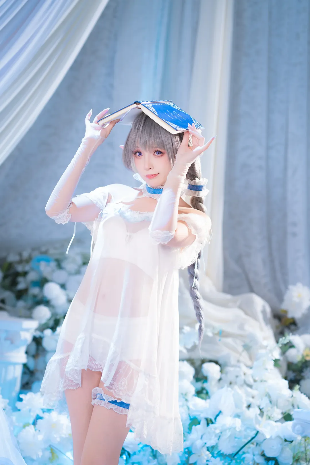 碧蓝航线, 二次元cosplay, 埃佛森cos, 白蓝色系写真, 精灵耳睡衣 - 第9张