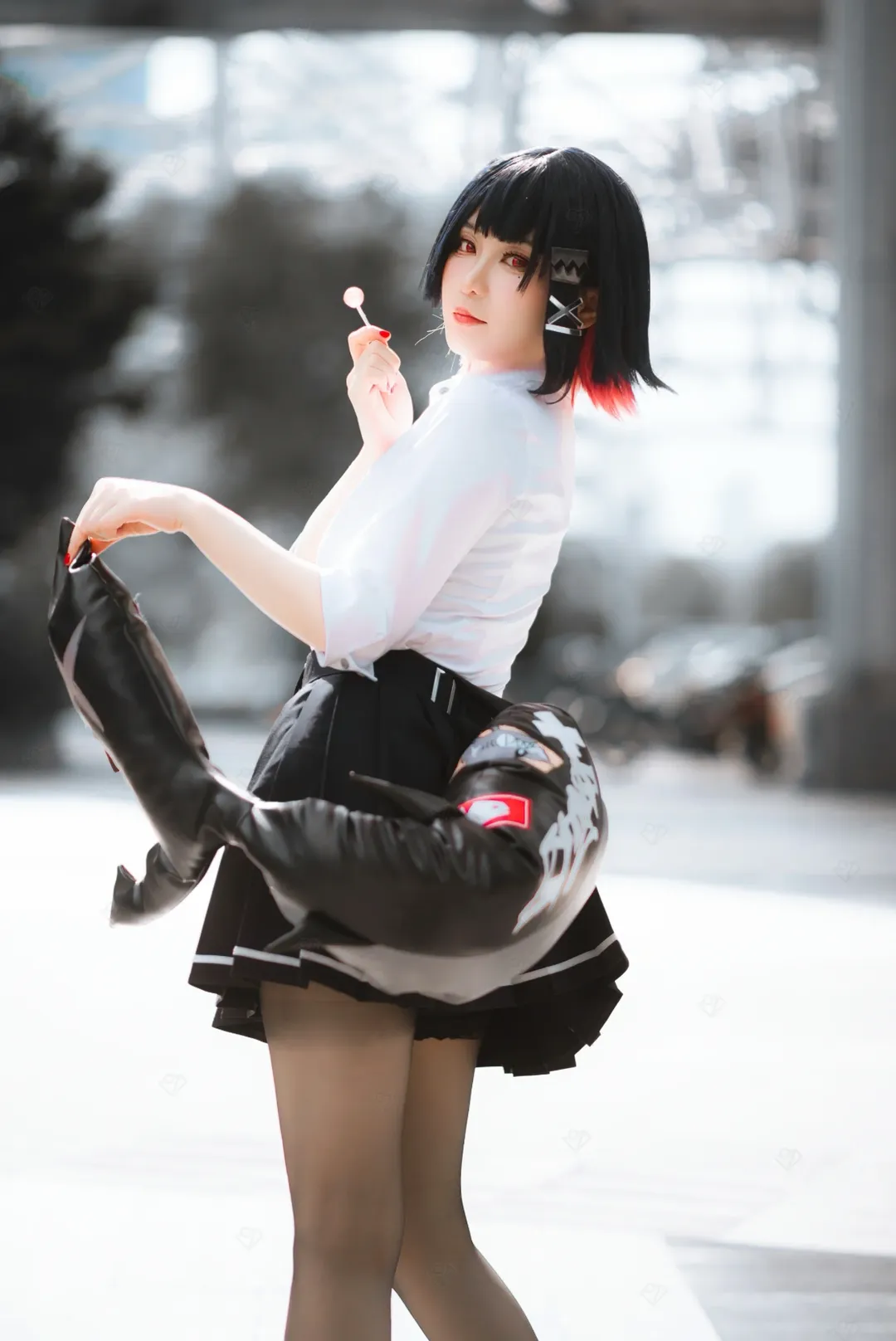 絕區零, 鯊魚妹cos, 漫展外景, 黑絲cosplay, jk制服拍照