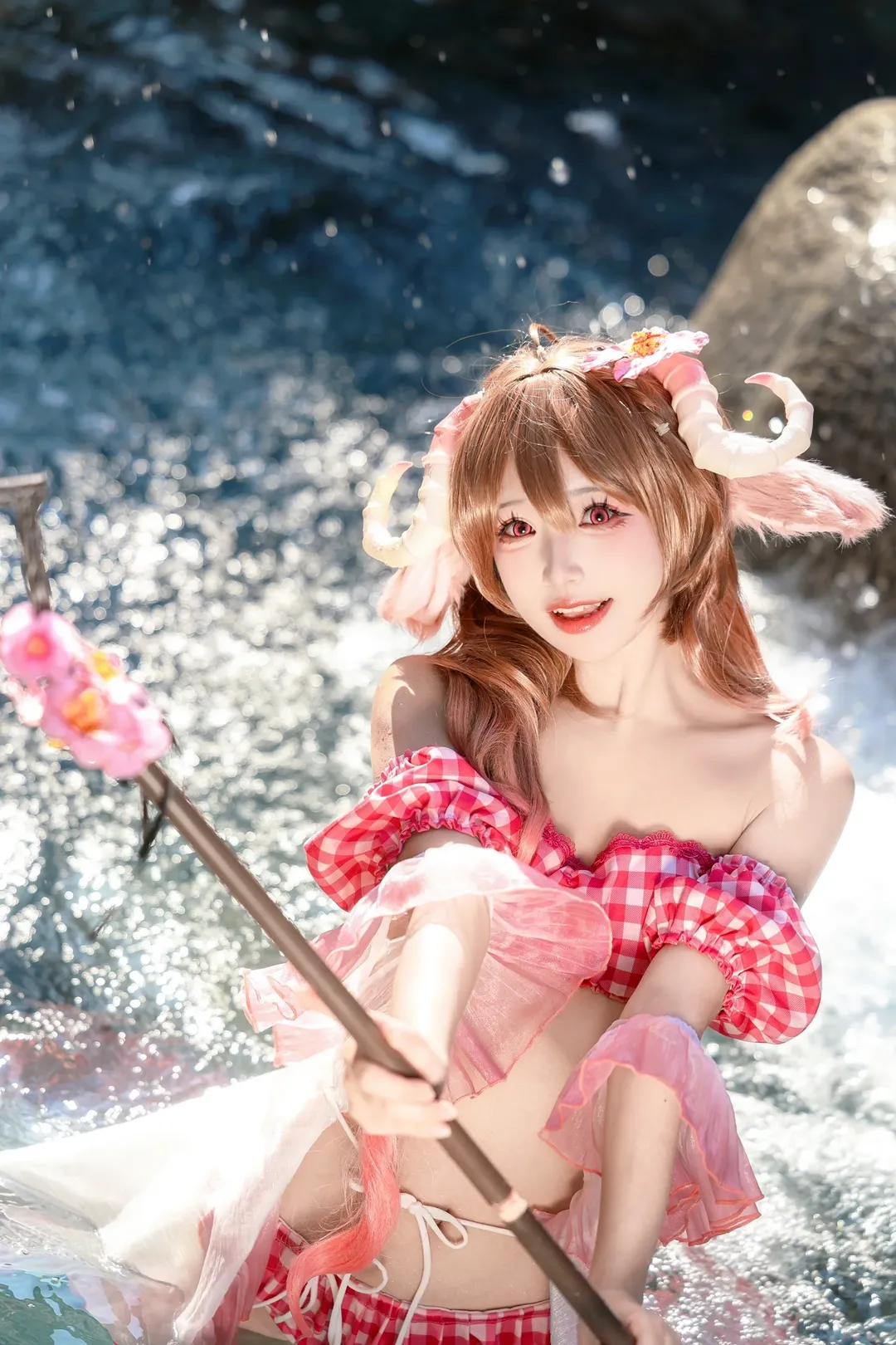 Anime girl, Arknights, Eyjafjalla Cosplay, Waterscape photography, Summer location shoot