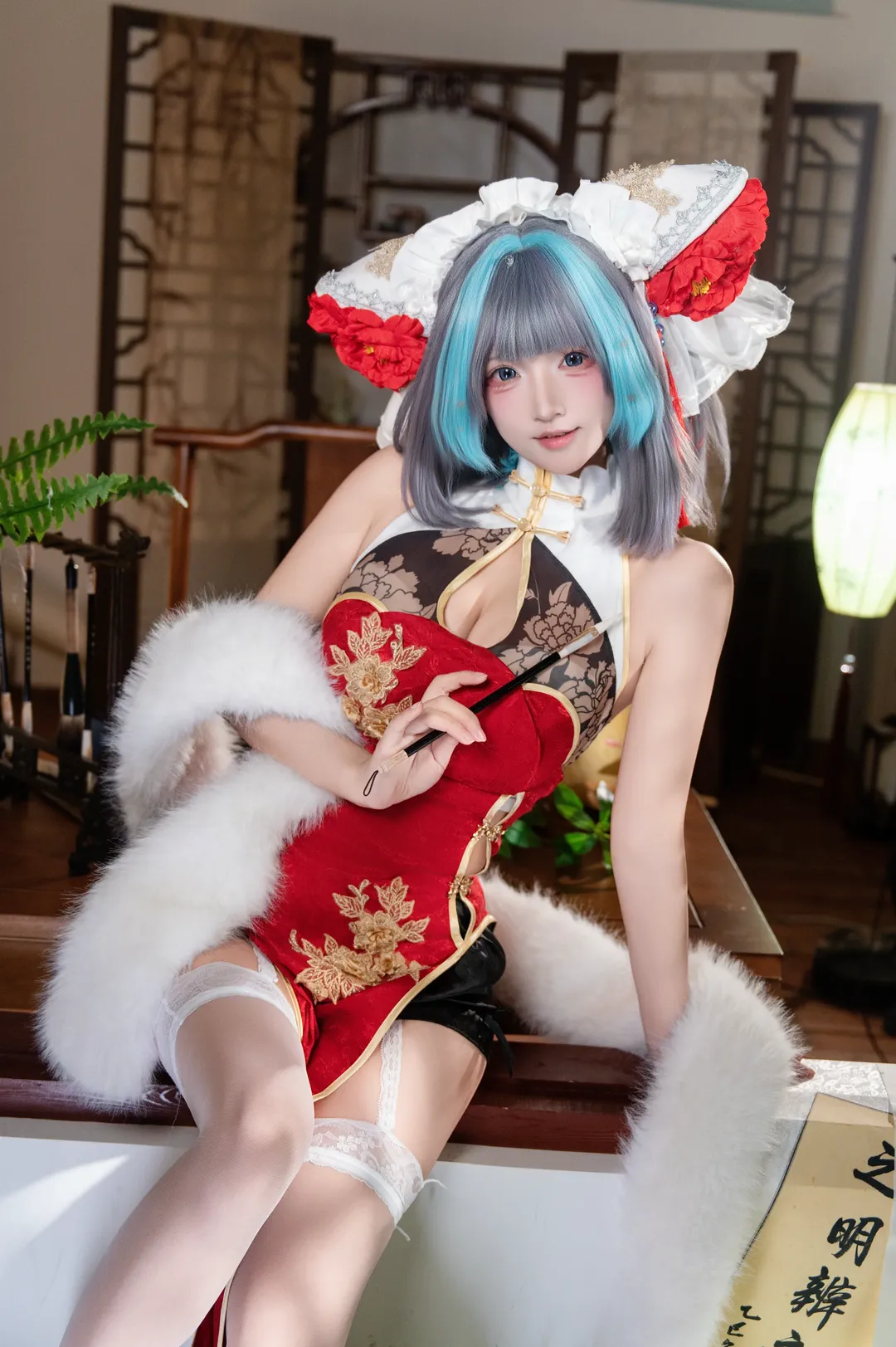 チェシャー コスプレ, アズールレーン, 白ストッキング, コスプレ撮影, 新年チャイナドレス