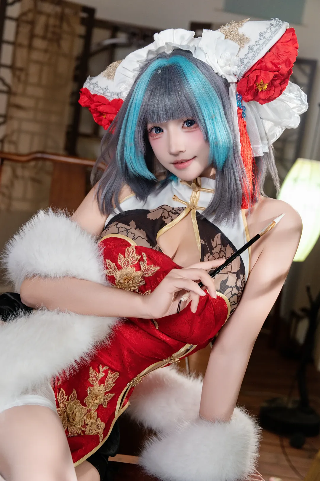 柴郡cos, 碧蓝航线, 白丝, cosplay摄影, 新年旗袍 - 第2张