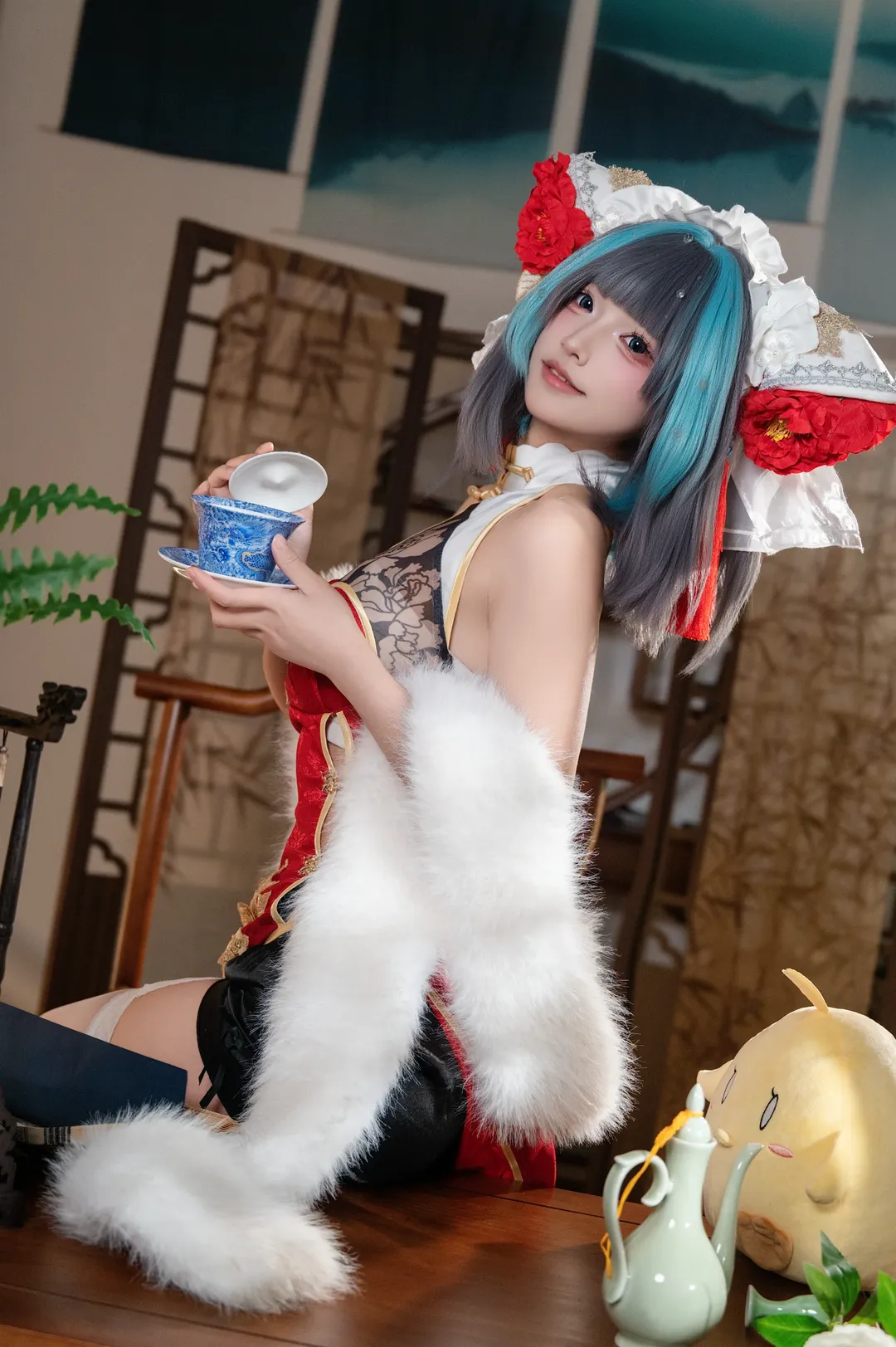 柴郡cos, 碧蓝航线, 白丝, cosplay摄影, 新年旗袍 - 第3张