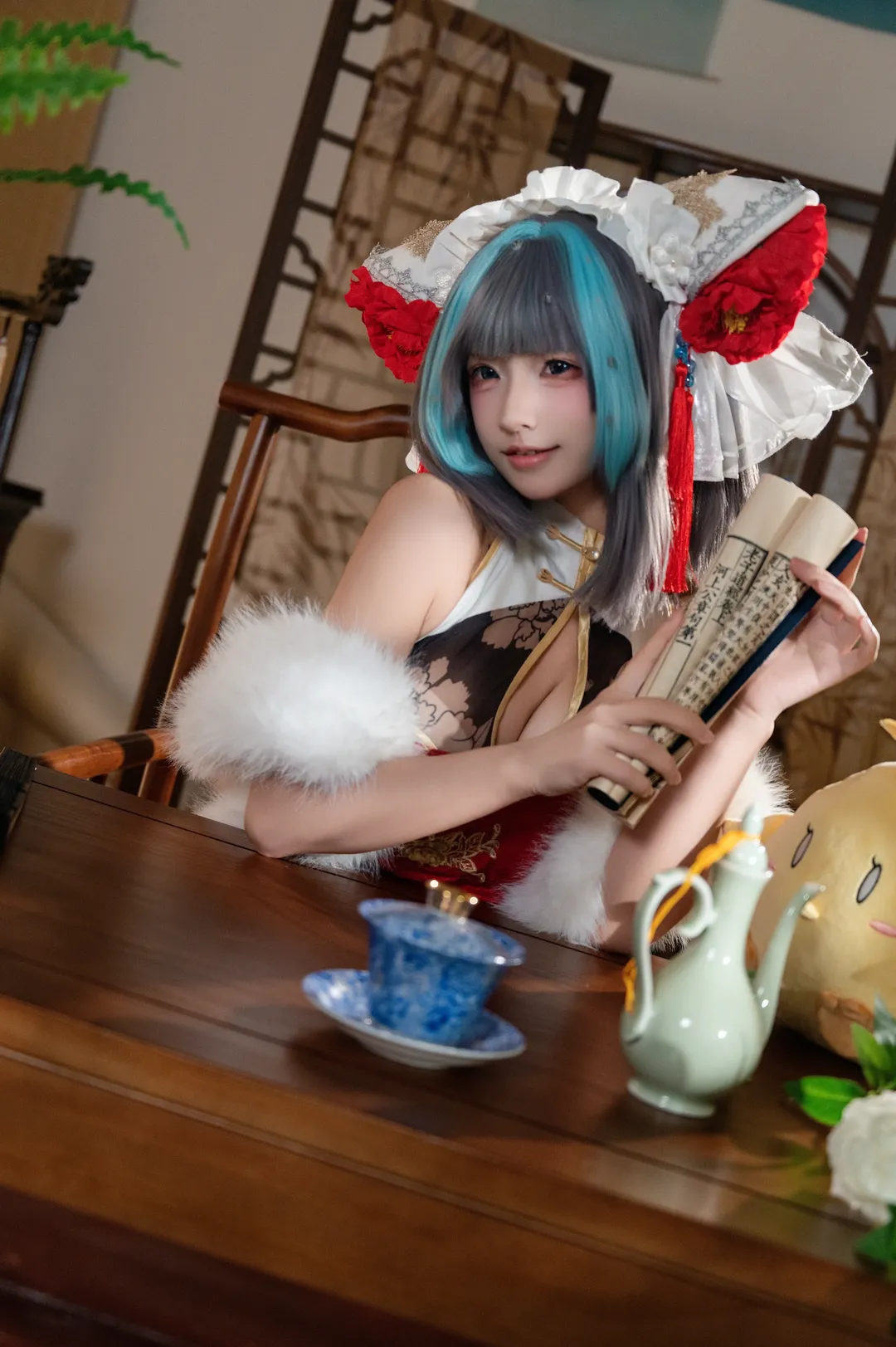 柴郡cos, 碧蓝航线, 白丝, cosplay摄影, 新年旗袍 - 第4张