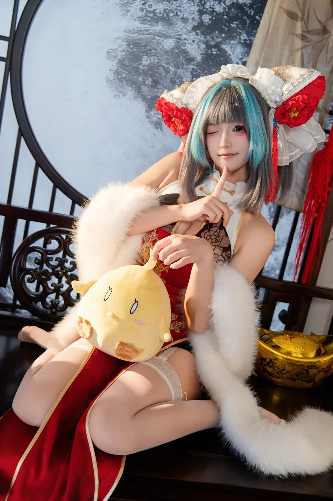 柴郡cos, 碧蓝航线, 萌系cosplay, 新年旗袍, 白丝cos - 第1张