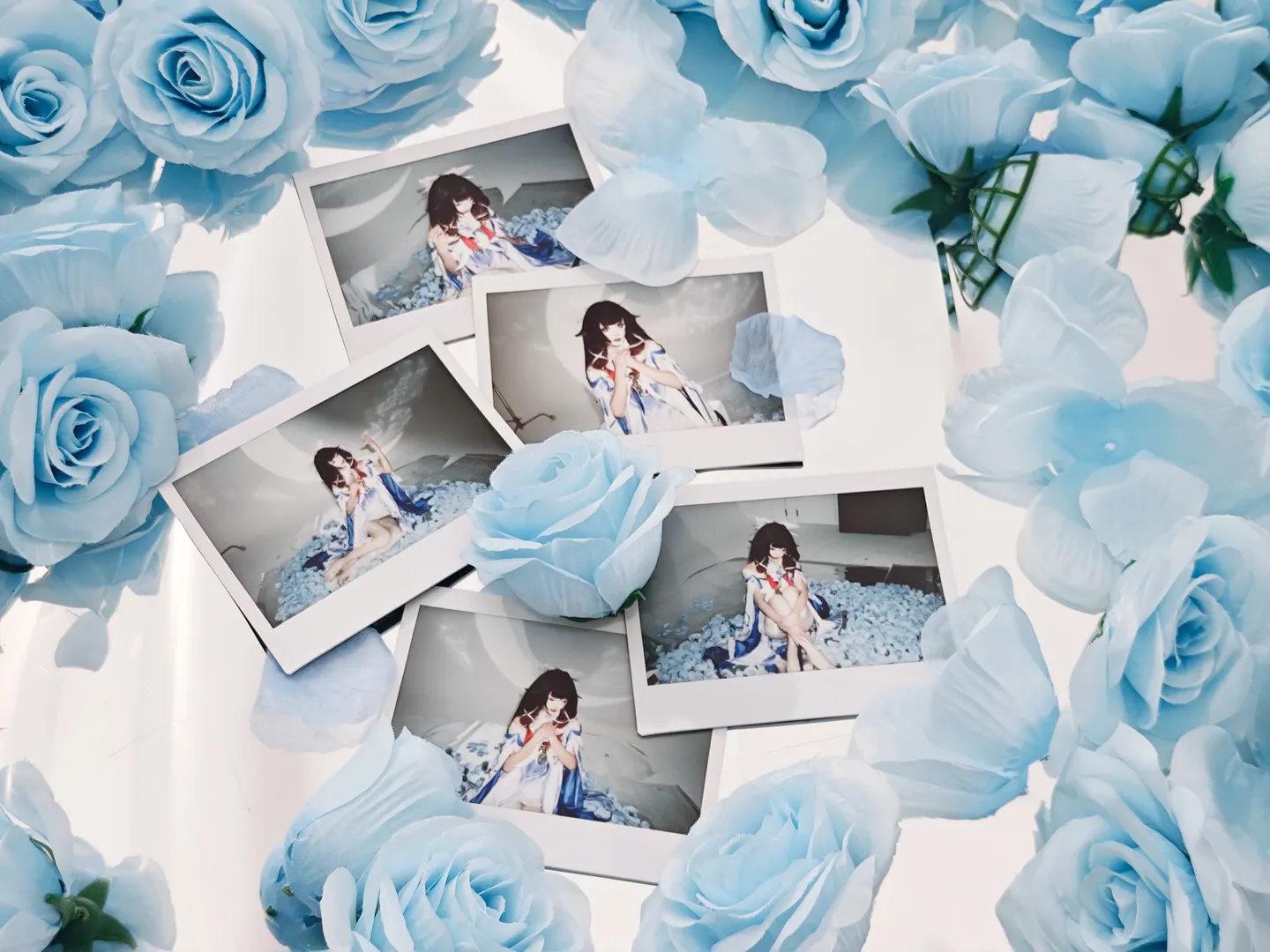 Genshin Impact, Casual cosplay, Polaroid photography, Genshin Impact Columbina cosplay, Blue and white atmosphere - Image 1