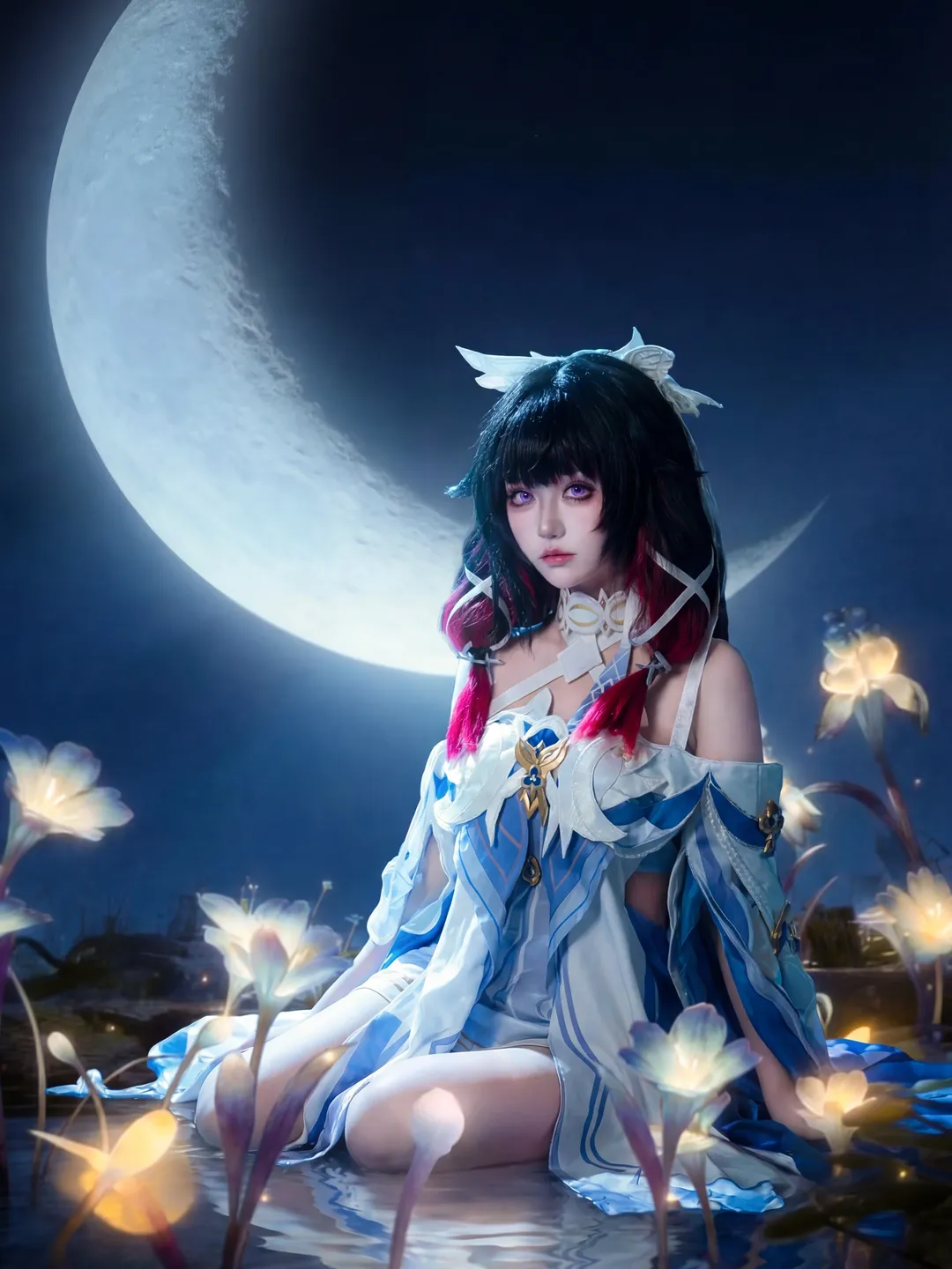 原神, コロンビーナ コスプレ, 雰囲気のある写真, 月下コスプレ, ファンタジー風ポートレート