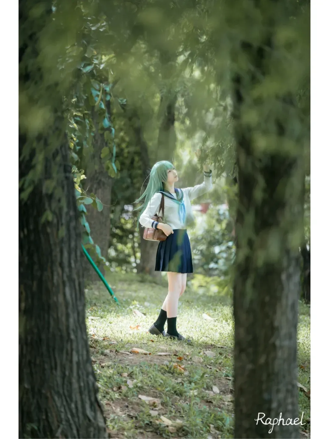 东方project, 东风谷早苗cos, 水手服, 黑丝, 绿发 - 第1张