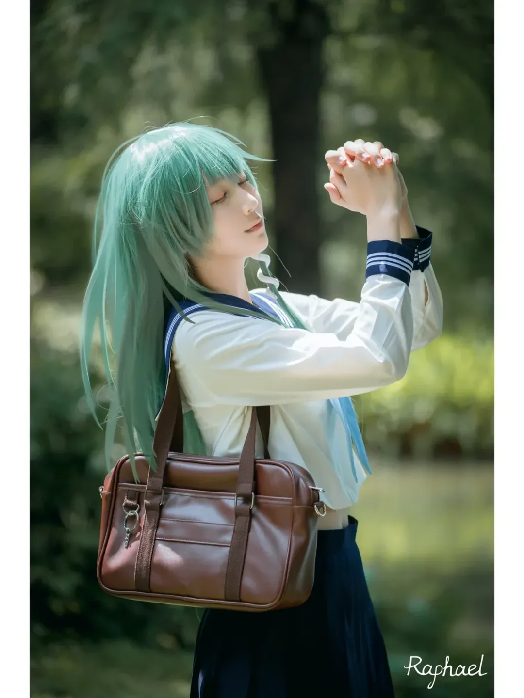东方project, 东风谷早苗cos, 水手服, 黑丝, 绿发 - 第2张
