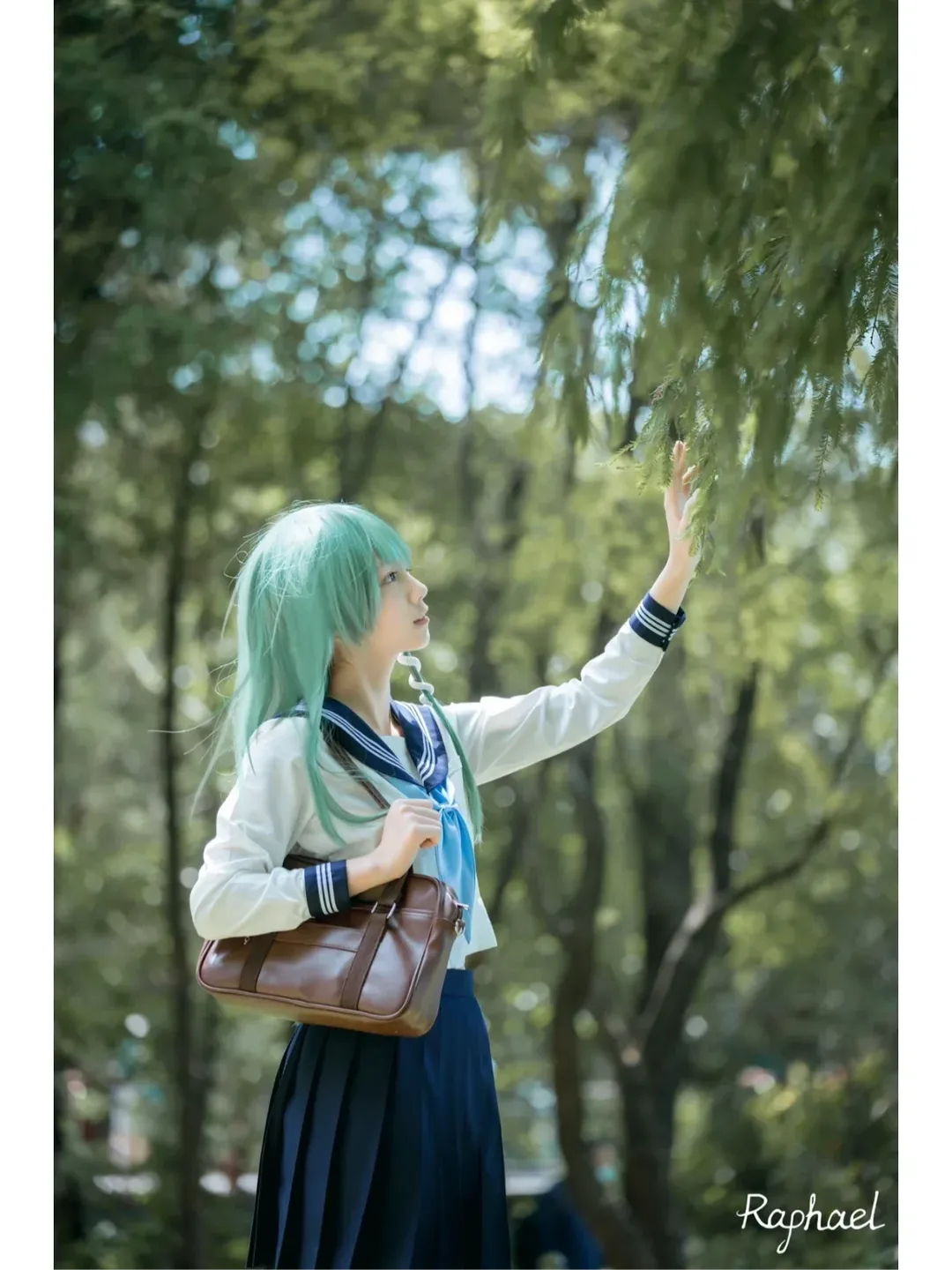 东方project, 东风谷早苗cos, 水手服, 黑丝, 绿发 - 第3张