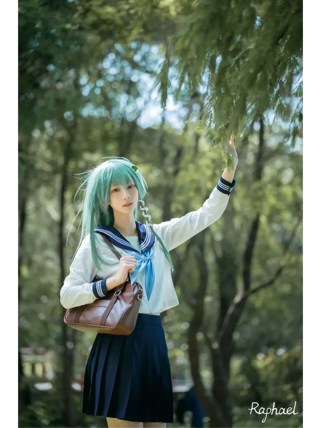 东方project, 东风谷早苗cos, 水手服, 黑丝, 绿发