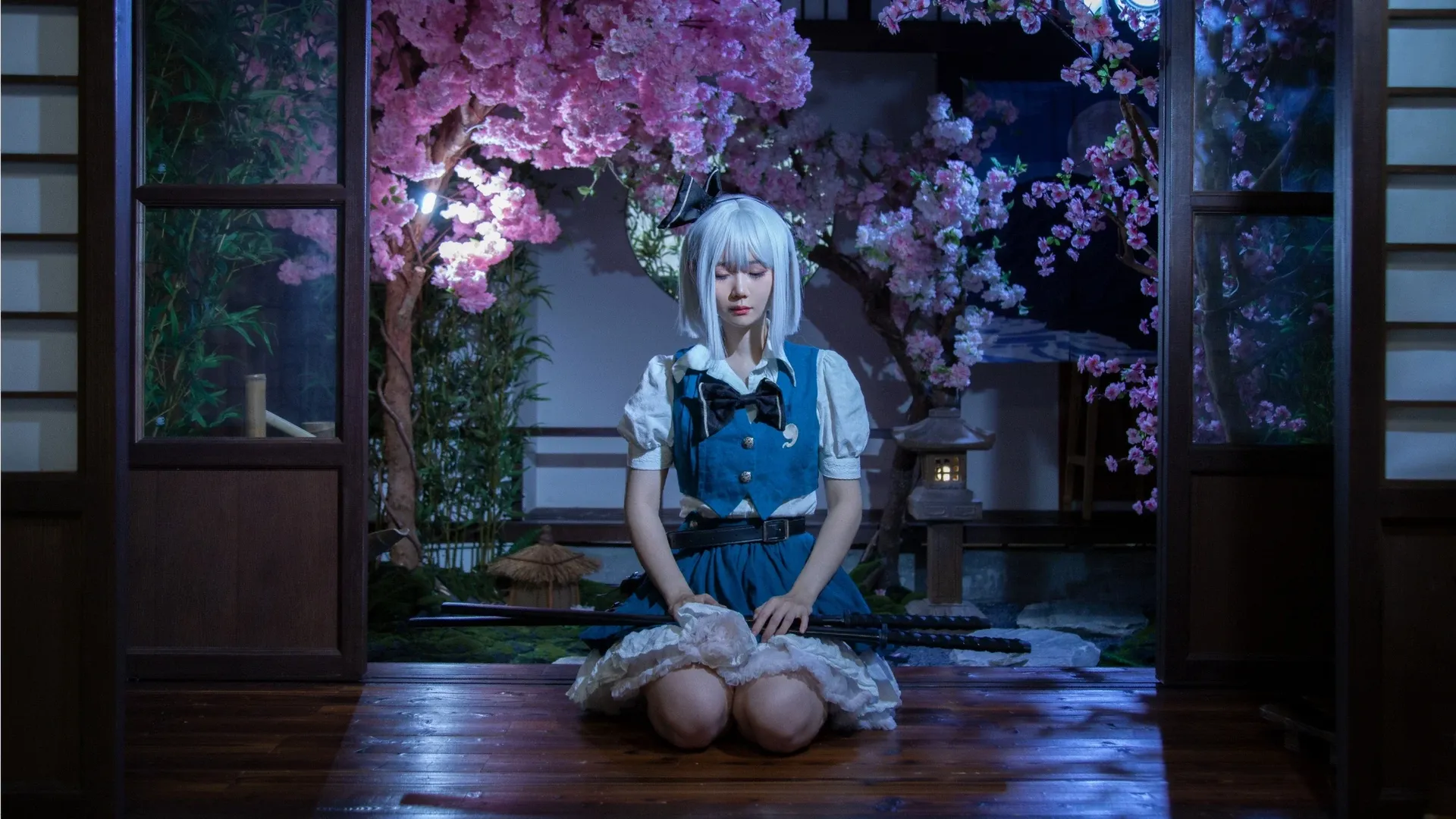 魂魄妖梦cos, 夜景人像, 日式庭院摄影, 白丝cos, 東方project