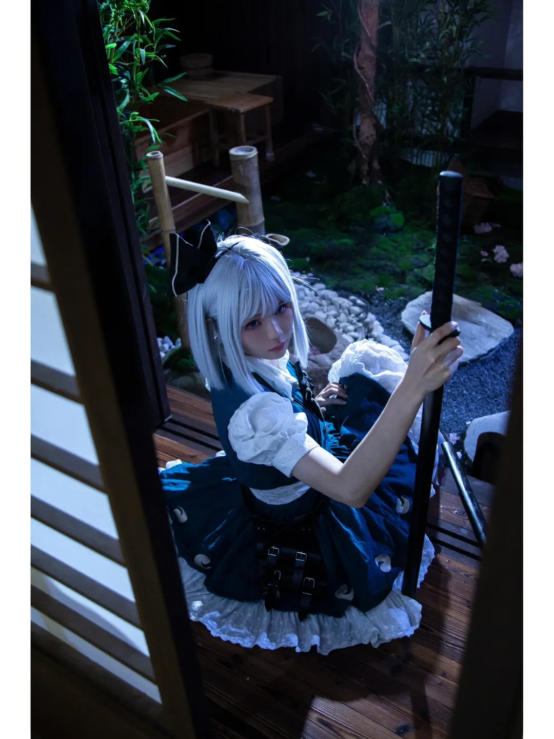 Youmu Konpaku cosplay, Night portrait, Japanese garden photography, White tights cosplay, Touhou Project - Image 3