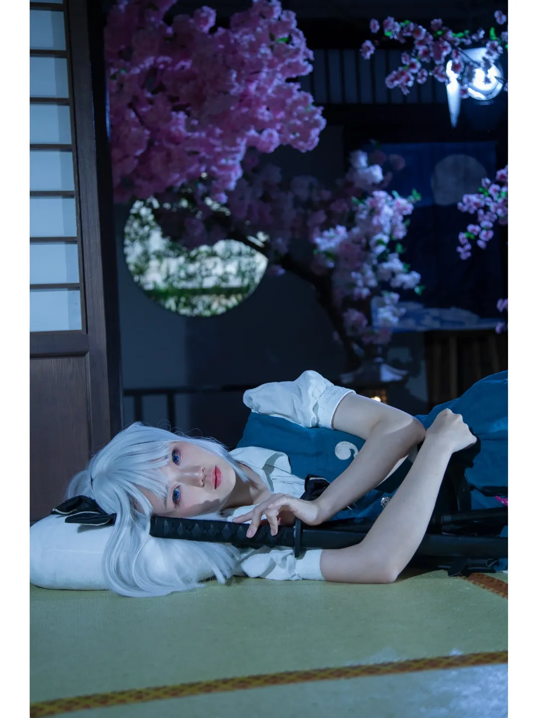 Youmu Konpaku cosplay, Night portrait, Japanese garden photography, White tights cosplay, Touhou Project - Image 4