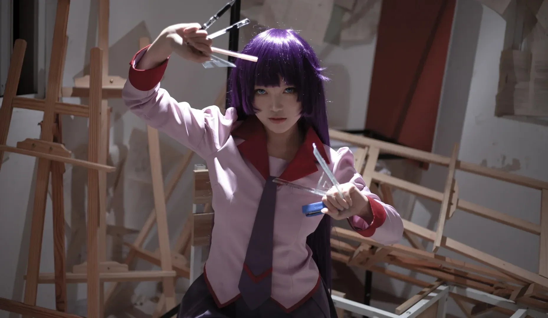 2次元少女, 〈物語〉シリーズ, 戦場ヶ原ひたぎ コスプレ, 美術室撮影, 紫髪・青い目