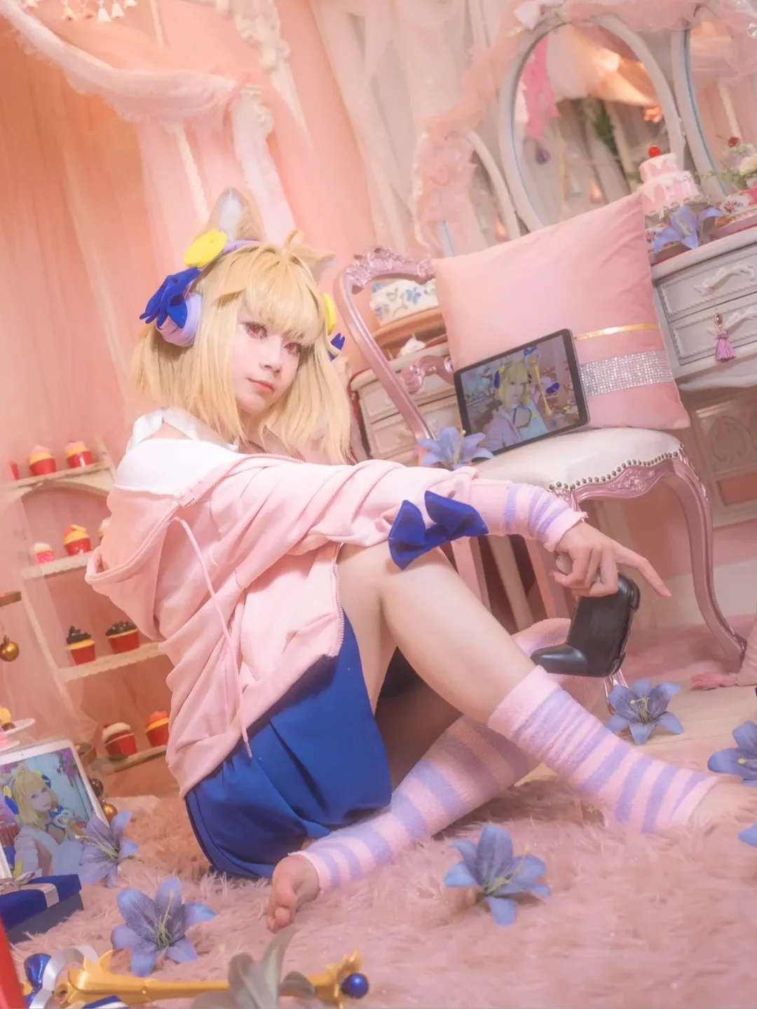 cosplay攝影, 愛爾奎特cos, 月姬, 粉白條紋絲襪, 粉色系佈景