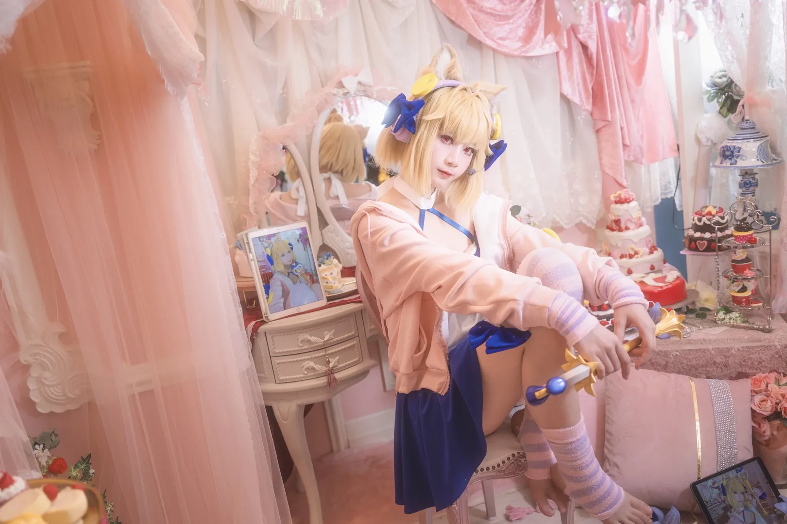 cosplay摄影, 爱尔奎特cos, 月姬, 粉白条纹丝袜, 粉色系布景 - 第10张