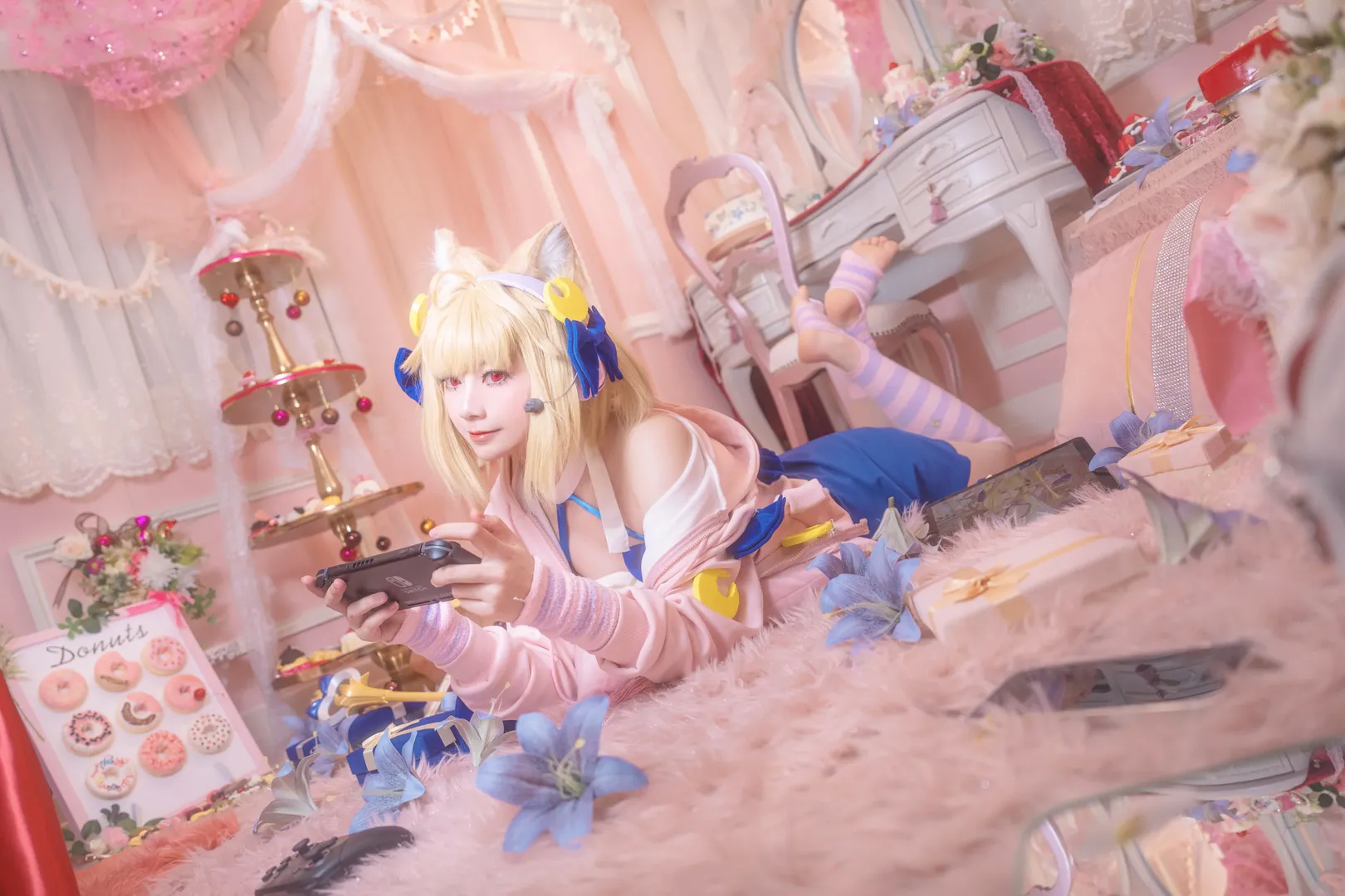 cosplay摄影, 爱尔奎特cos, 月姬, 粉白条纹丝袜, 粉色系布景 - 第4张