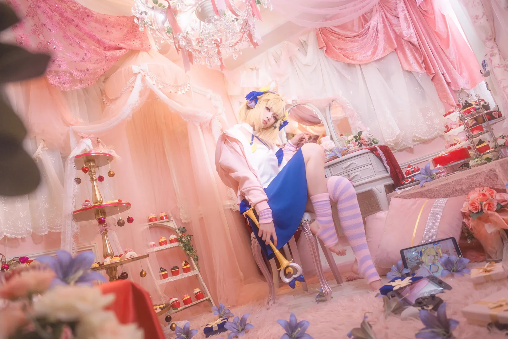 cosplay摄影, 爱尔奎特cos, 月姬, 粉白条纹丝袜, 粉色系布景 - 第6张