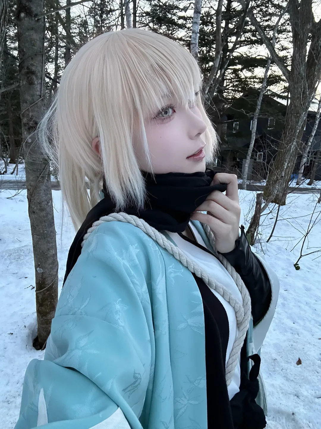 Fate/Grand Order, 冲田总司cos, 和风cosplay, 武士刀, 雪地写真 - 第1张