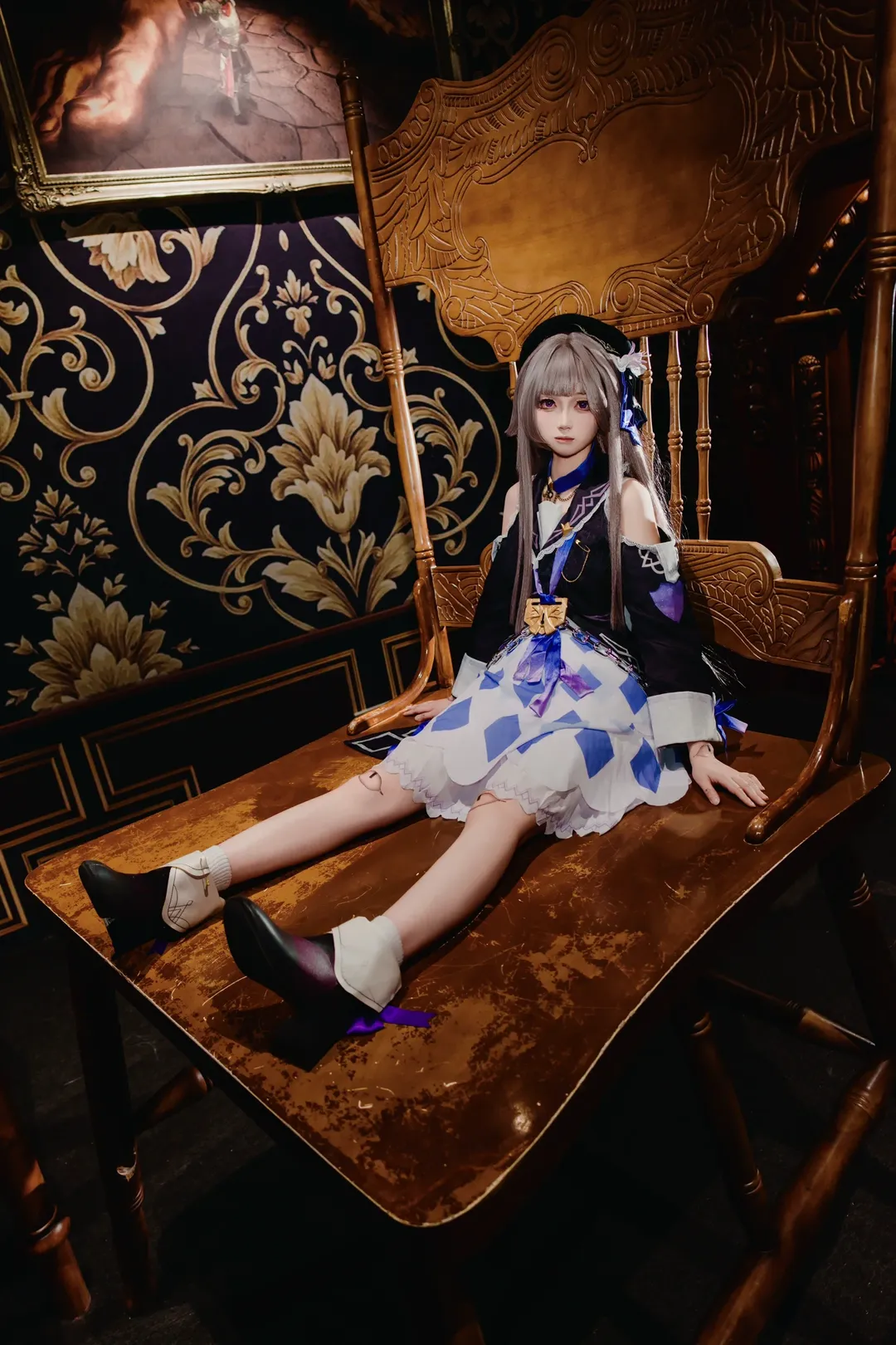 Honkai: Star Rail, Herta cosplay, Cosplay photography, White thigh-highs outfit, British Library Exhibition