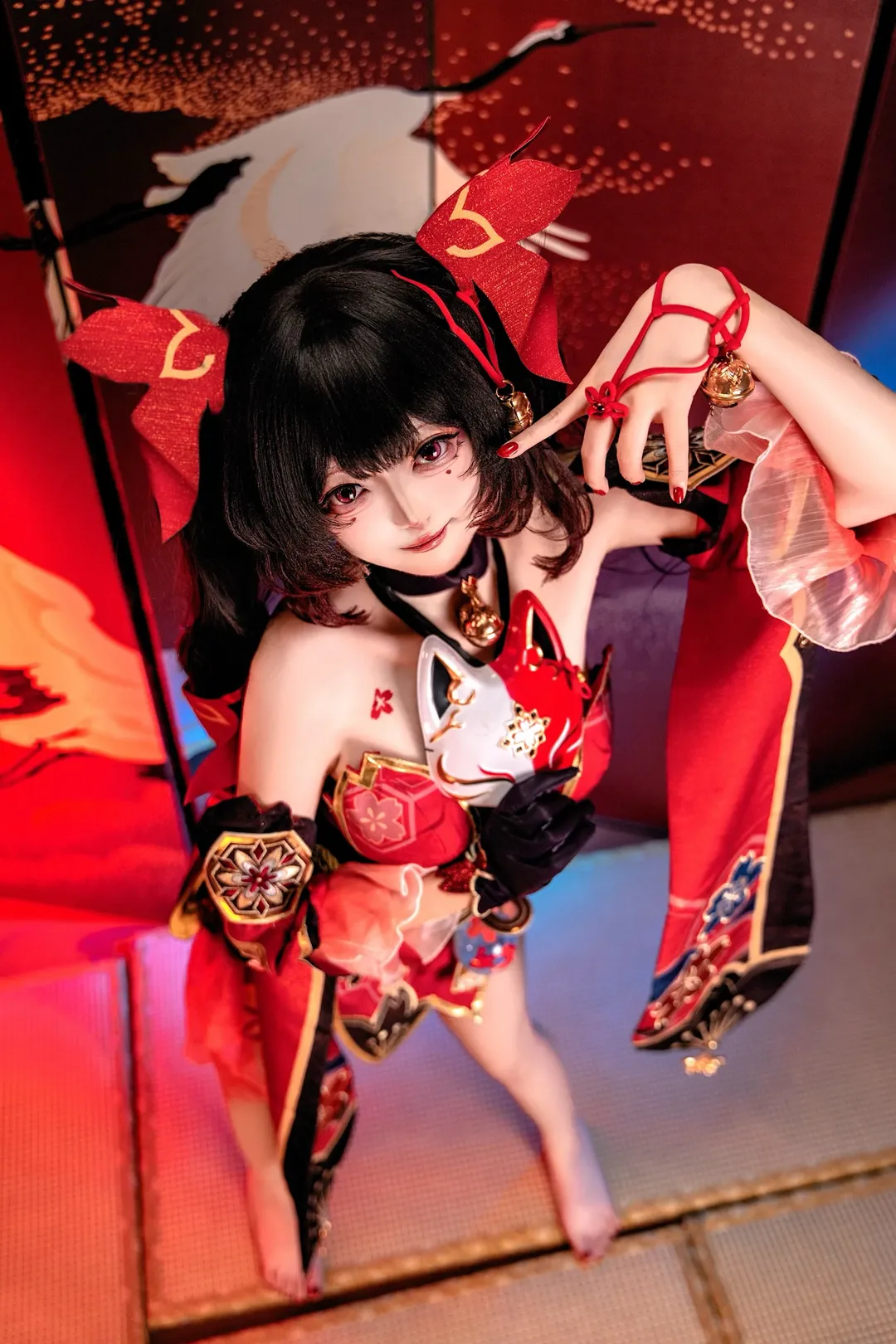 Honkai: Star Rail, Sparkle cosplay, 2D Cosplay, Japanese-style portrait photography, Fox mask element