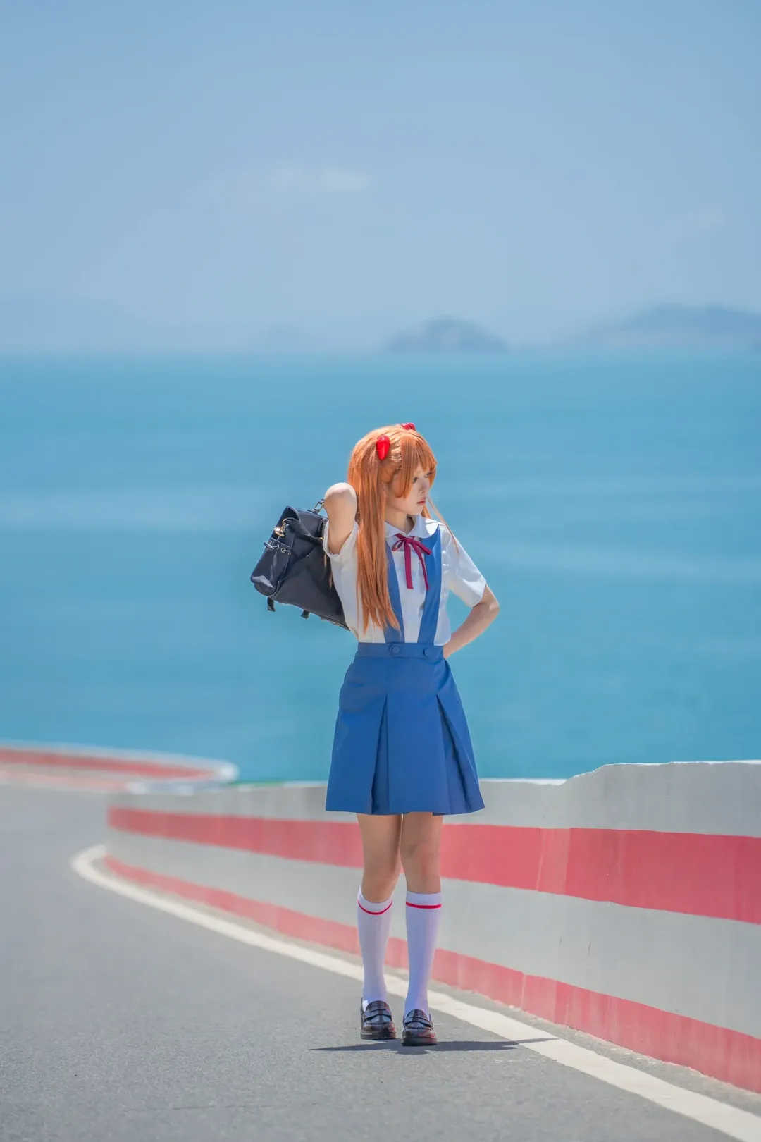 海边拍摄, 明日香cos, 新世纪福音战士, cosplay摄影, 双马尾少女