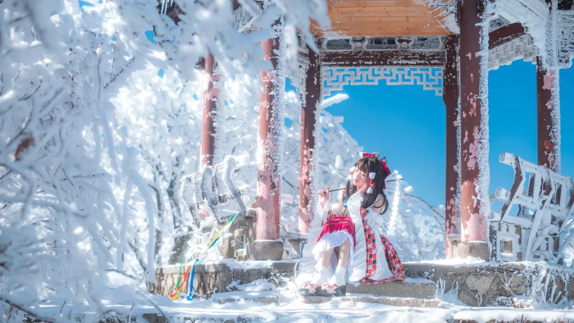 博丽灵梦cos, 东方Project, 雪山外景, 红白巫女服, 反季节摄影