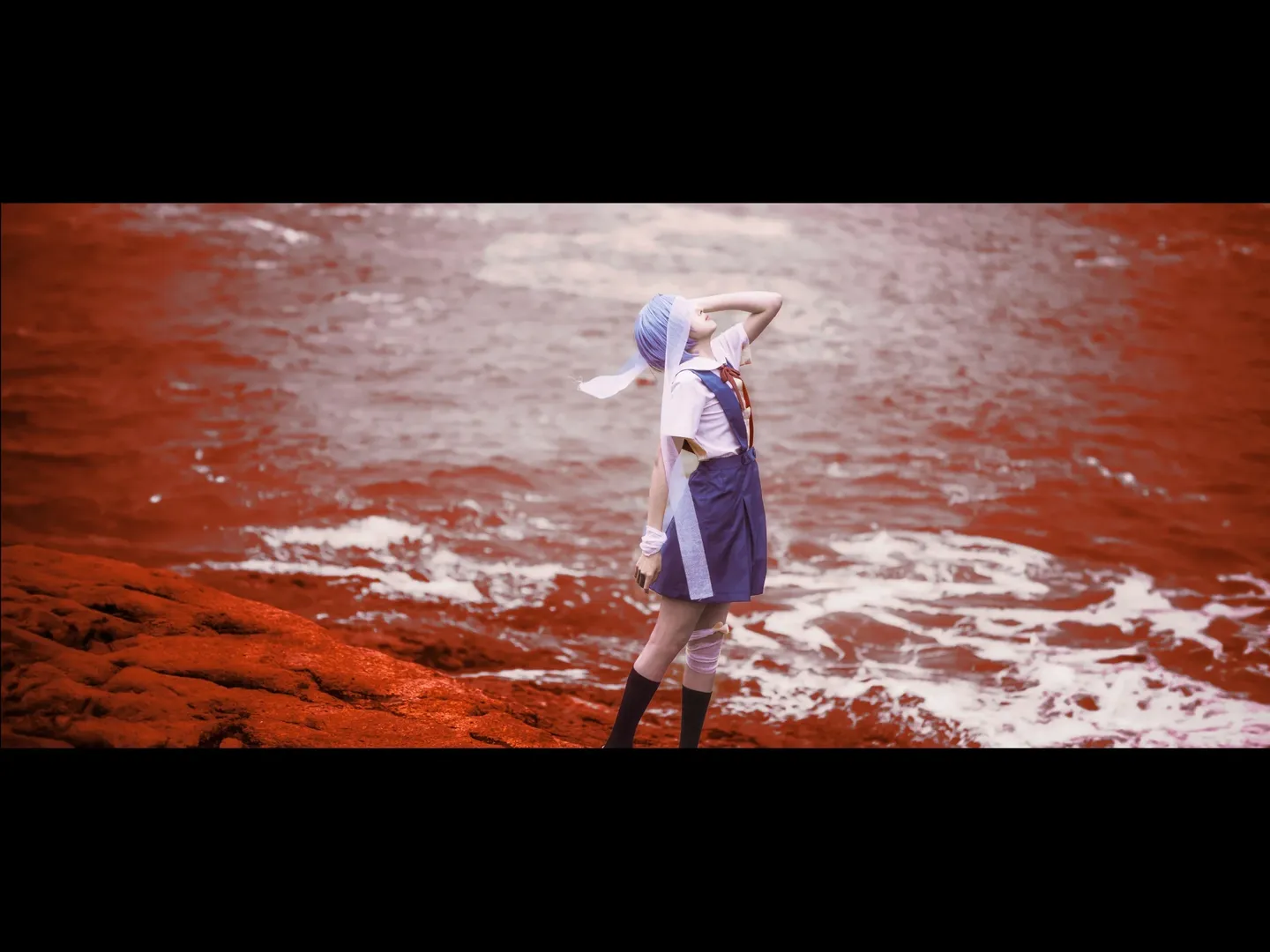Rei Ayanami cosplay, Neon Genesis Evangelion, Outdoor photography, Black over-the-knee stockings, Horizontal composition - Image 1