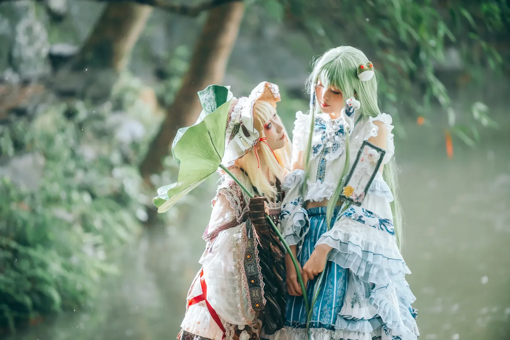 東方Project, 白ストッキング, 東風谷早苗 コスプレ, 雨の中の撮影, 洩矢諏訪子コスプレ - 11枚目