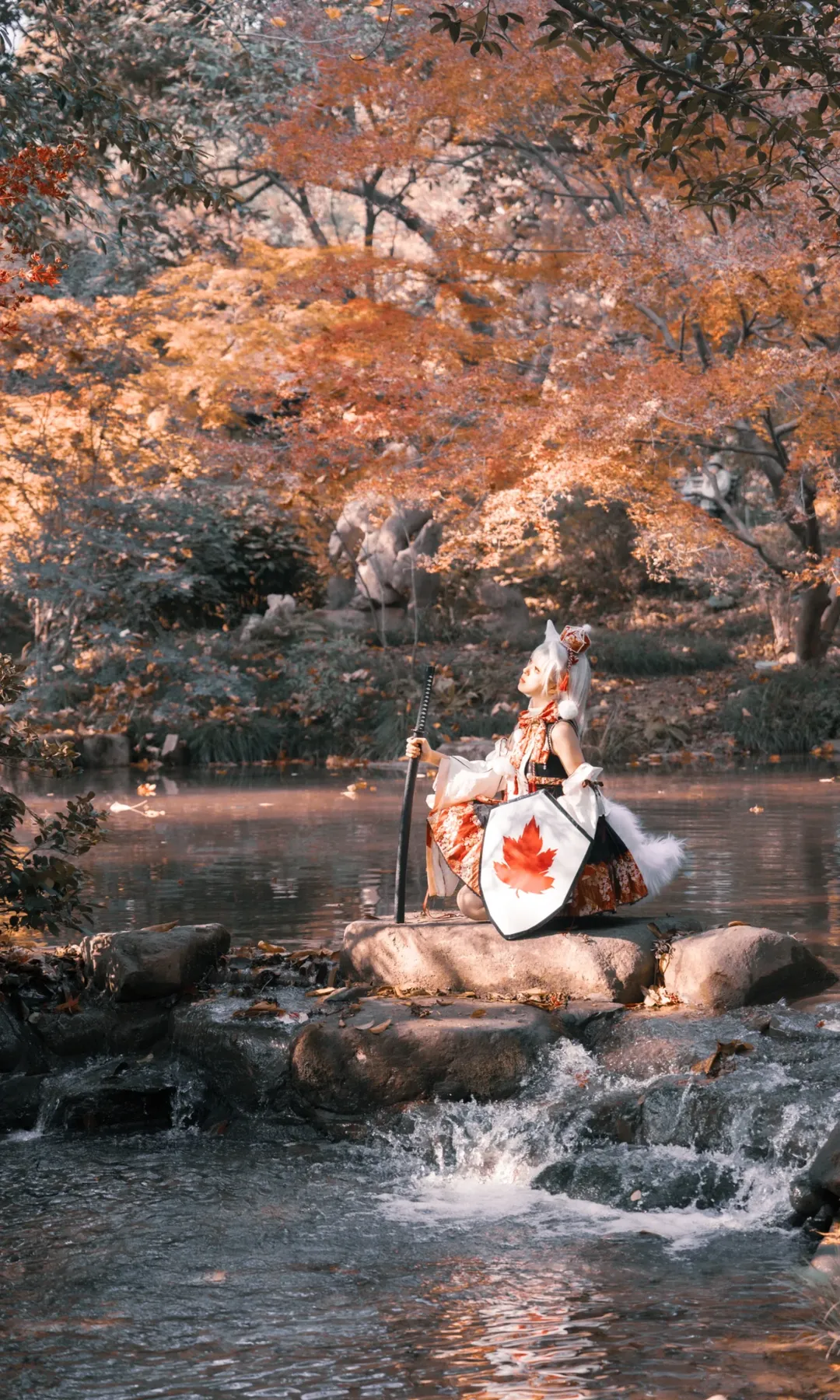Touhou Project, White stockings, Animal ears, Inubashiri Momiji cosplay, Autumn scenery