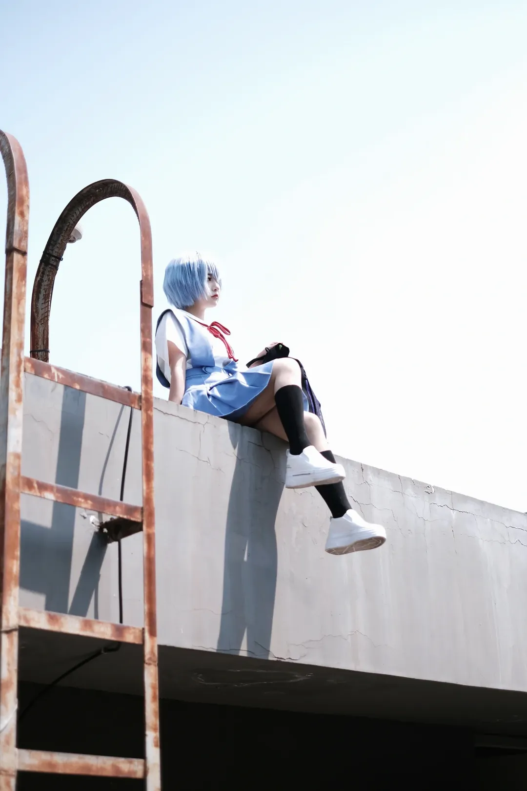 cosplay, 绫波丽cos, 新世纪福音战士, 黑丝, 天台拍摄