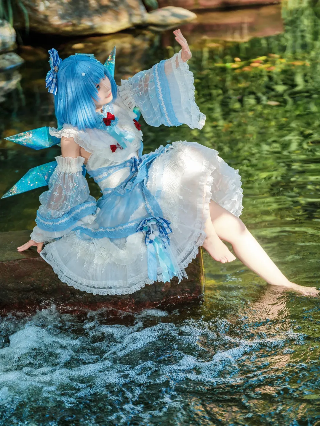 Anime-style photography, Touhou Project, Cirno cosplay, Blue and white color scheme, Waterscape photography