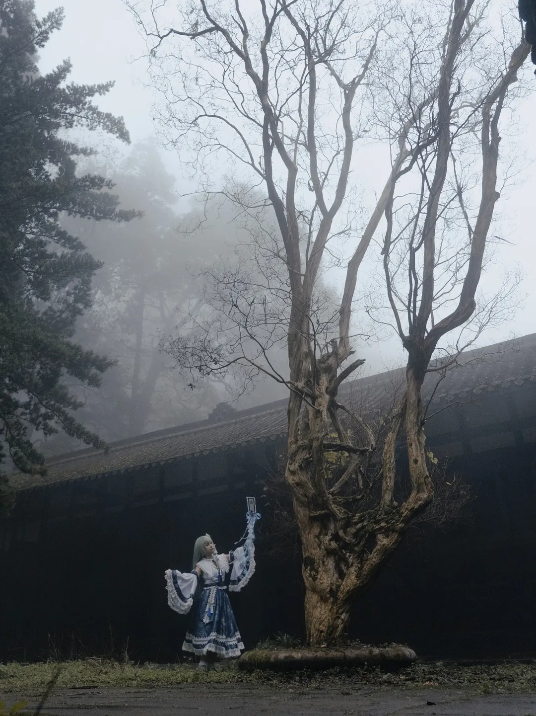 东方Project, 东方二设, 东风谷早苗cos, 白色蕾丝袜, 雾中庭院 - 第1张
