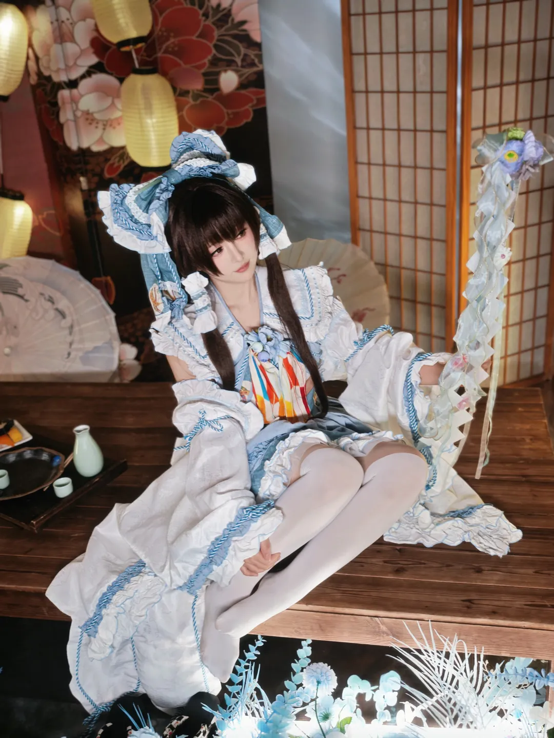 博丽灵梦cos, 东方Project, 青灵梦, 白丝cos, 天青色等烟雨