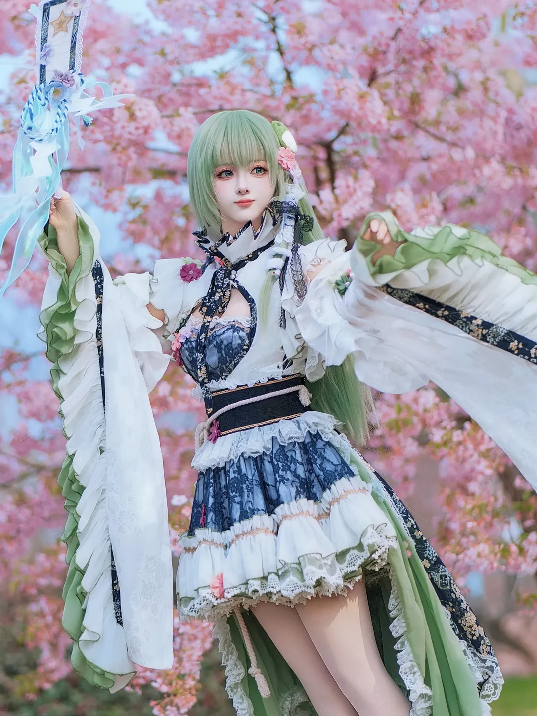 Touhou Project, Anime cosplay, Kochiya Sanae Cosplay, Cherry blossom outdoor scene, Stocking outfit - Image 1