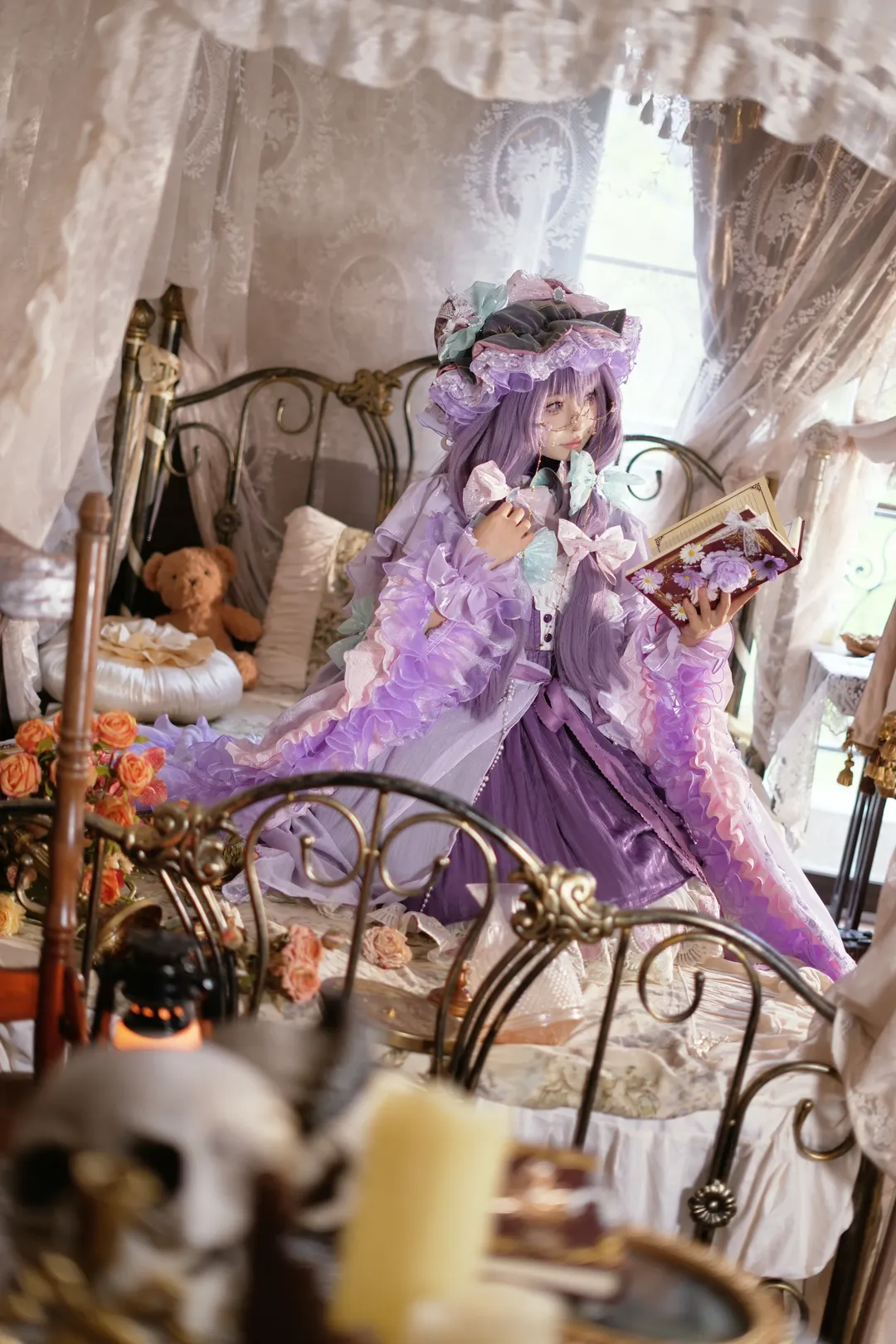 Touhou Project, Lolita fashion, Patchouli Knowledge cosplay, Purple-haired girl with glasses, Retro indoor photography - Image 1