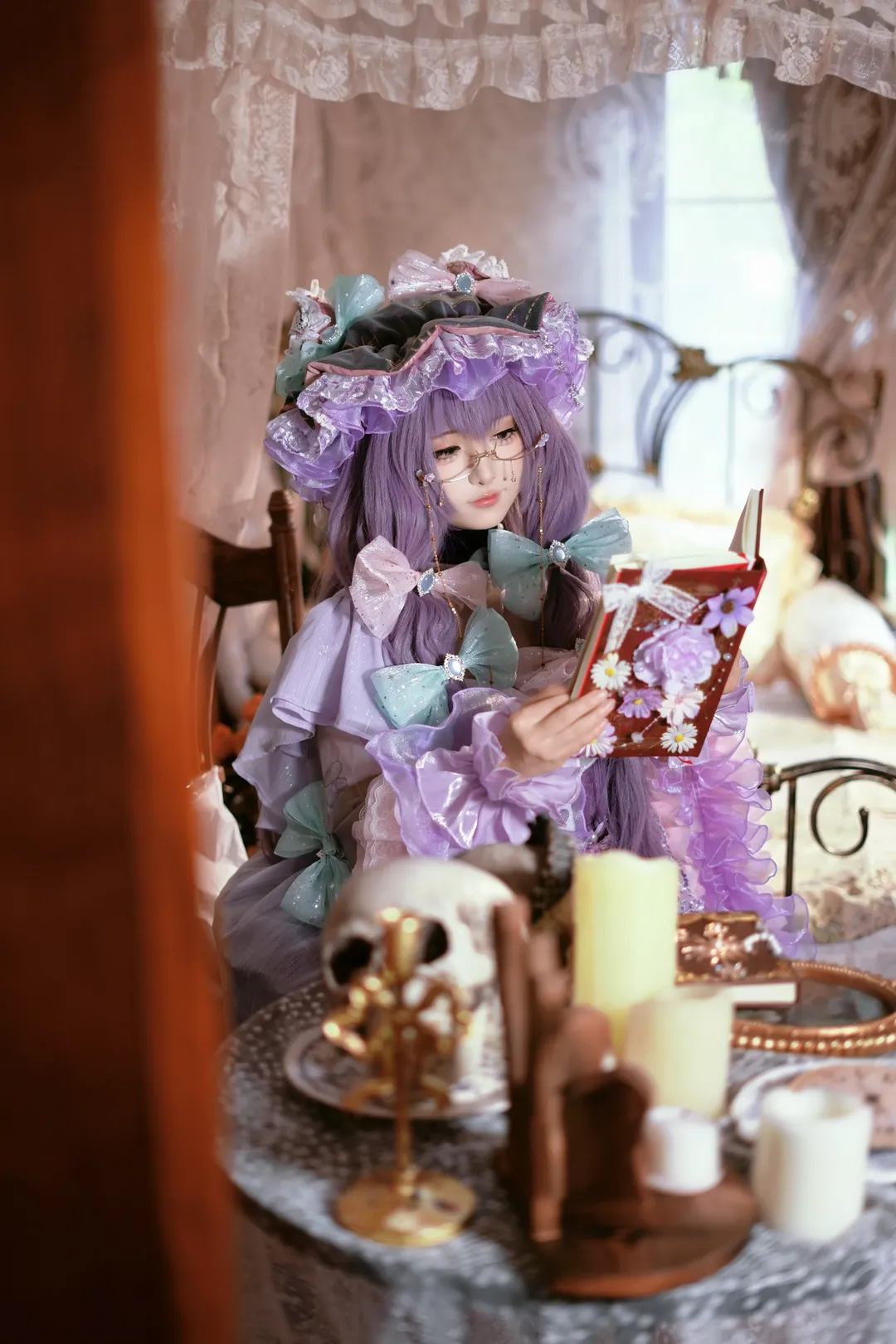 Touhou Project, Lolita fashion, Patchouli Knowledge cosplay, Purple-haired girl with glasses, Retro indoor photography - Image 3