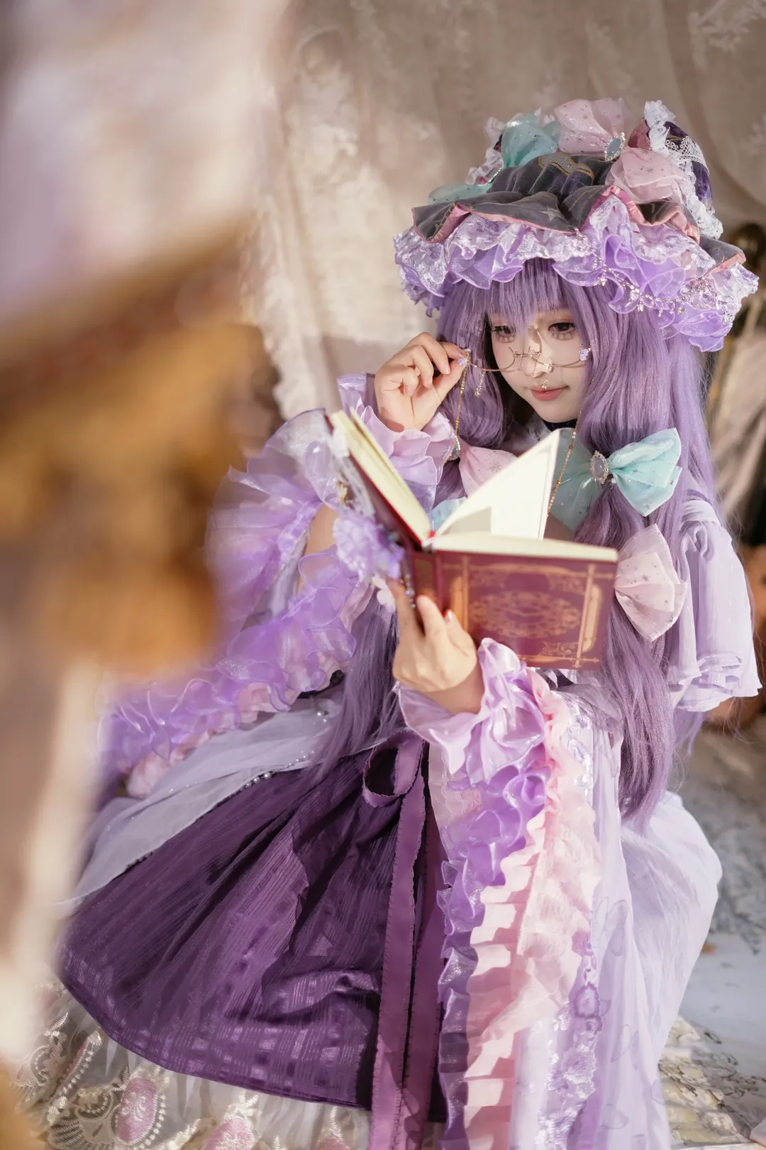 Touhou Project, Lolita fashion, Patchouli Knowledge cosplay, Purple-haired girl with glasses, Retro indoor photography - Image 4