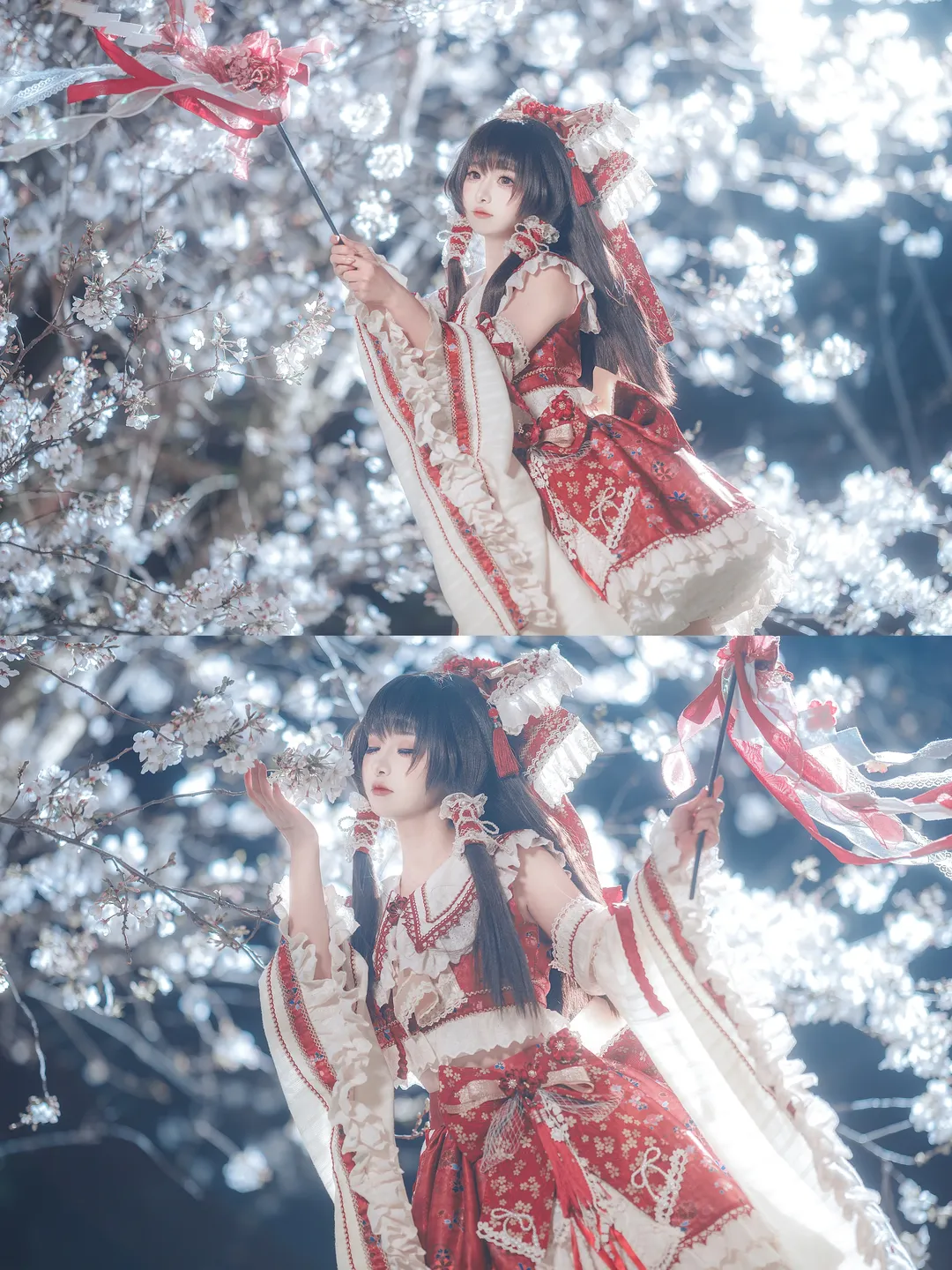 Reimu Hakurei Cosplay, Touhou Project, Japanese style shrine maiden, Night cherry blossom photography, White slouch socks - Image 1