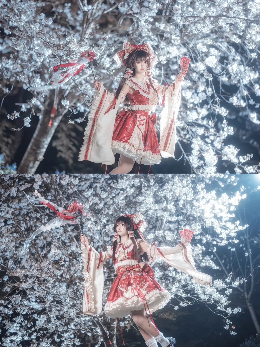博丽灵梦cos, 东方project, 和风巫女, 夜樱拍摄, 白色堆堆袜